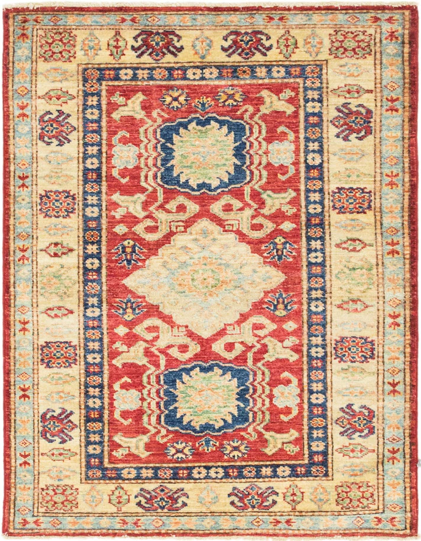 A 3x4 rectangular red and cream traditional rug with a central medallion and intricate tribal patterns.