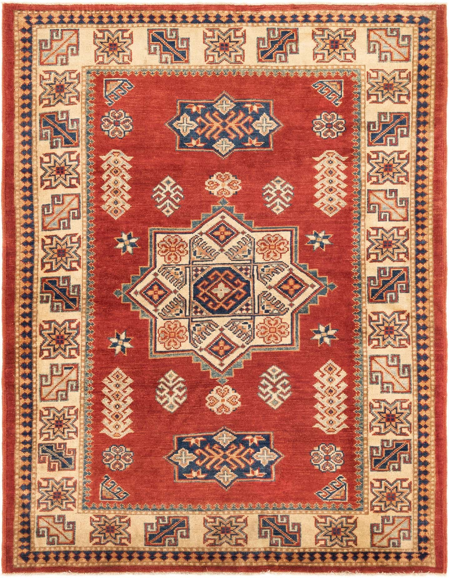 A 4x6 rectangular red traditional Kazak rug with a central medallion and intricate tribal patterns in cream, blue, and orange.