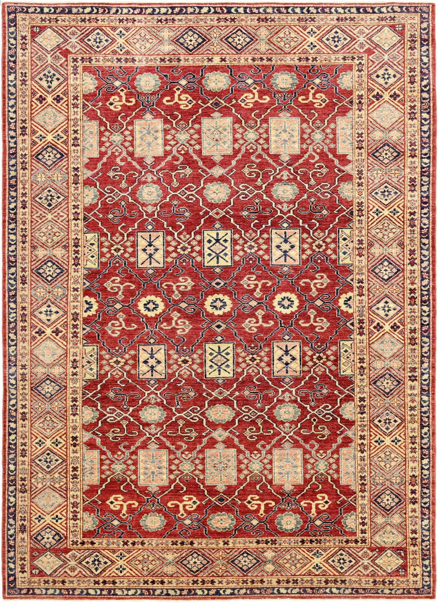 A 6x9 rectangular red area rug with a traditional Southwestern tribal pattern and a detailed border, suitable for a living room.