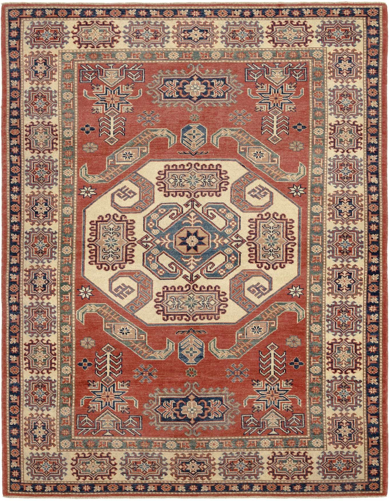 A 6x9 rectangular red Kazak rug with a central medallion and intricate tribal patterns in blues, creams, and greens.