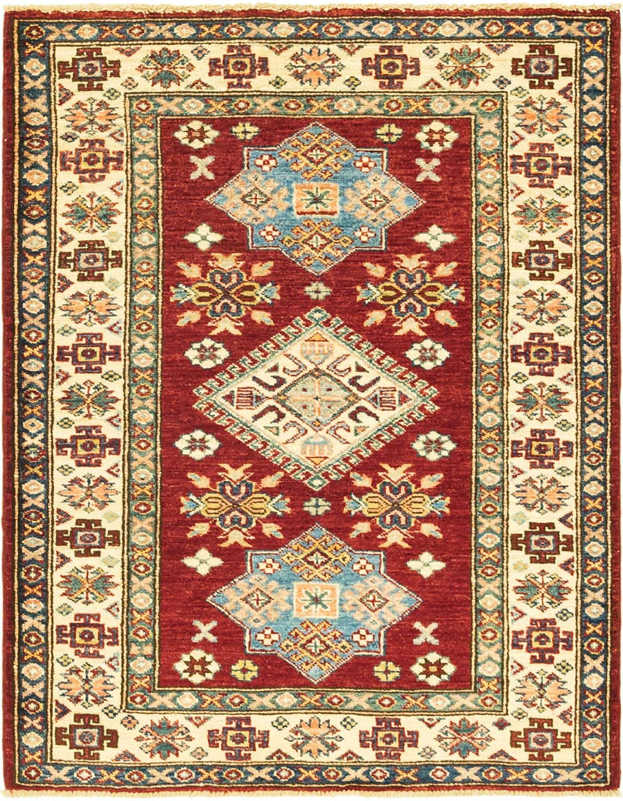 A 3x4 rectangular red traditional rug with tribal and medallion patterns in blue, cream, and gold.