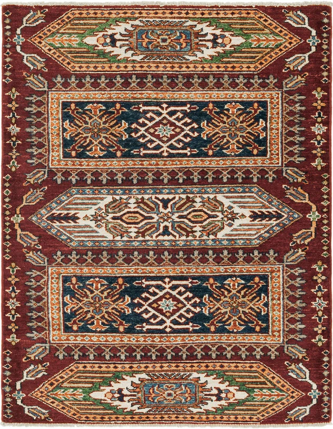 A 3x4 rectangular red oriental rug with intricate navy, beige, and green traditional patterns.