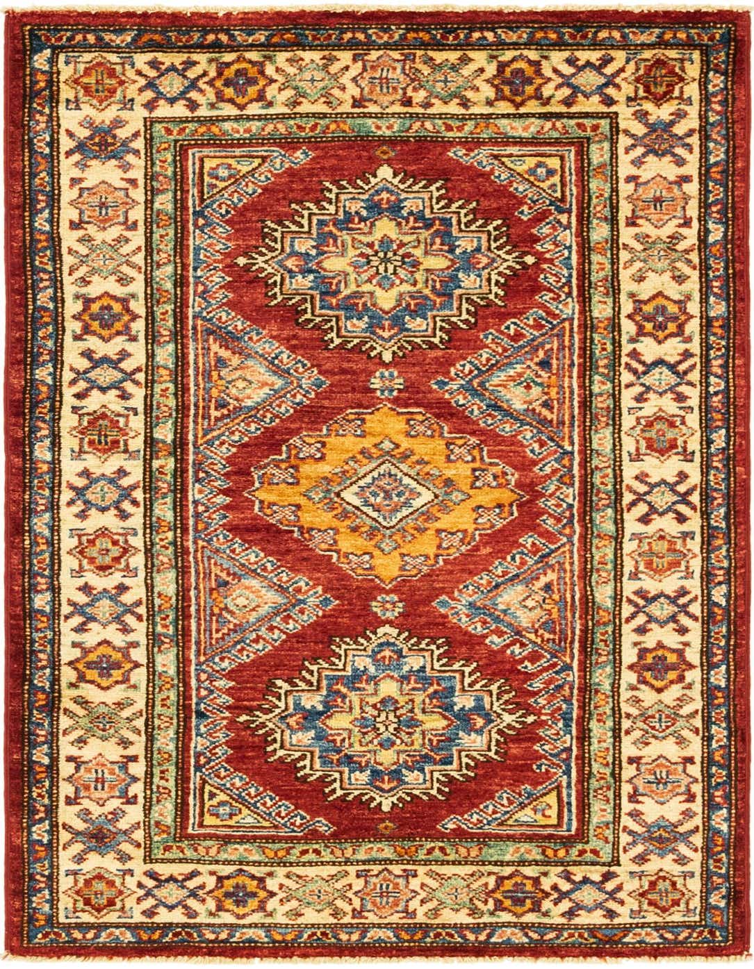 A 3x4 rectangular Rugs.com Kazak rug with a central medallion, featuring traditional tribal patterns in reds, blues, and golds.