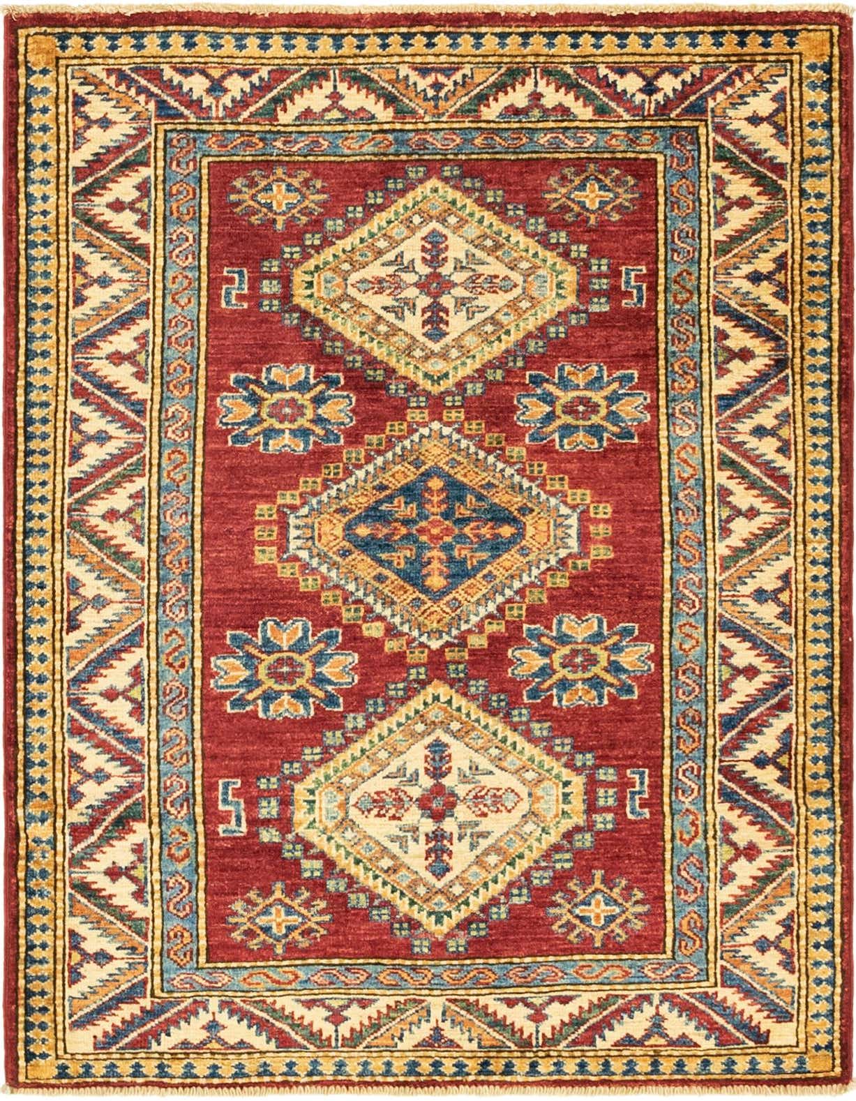 A 3x4 rectangular red traditional rug with a central medallion and tribal patterns in blue, gold, and cream.