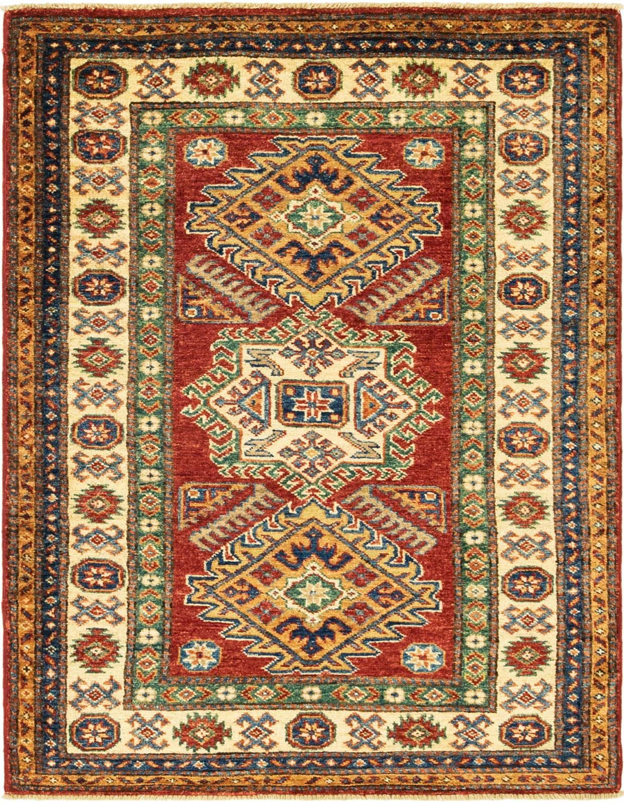 A 3x4 rectangular Rugs.com Kazak rug with a rich red field and intricate tribal medallion patterns in blue, gold, green, and cream.