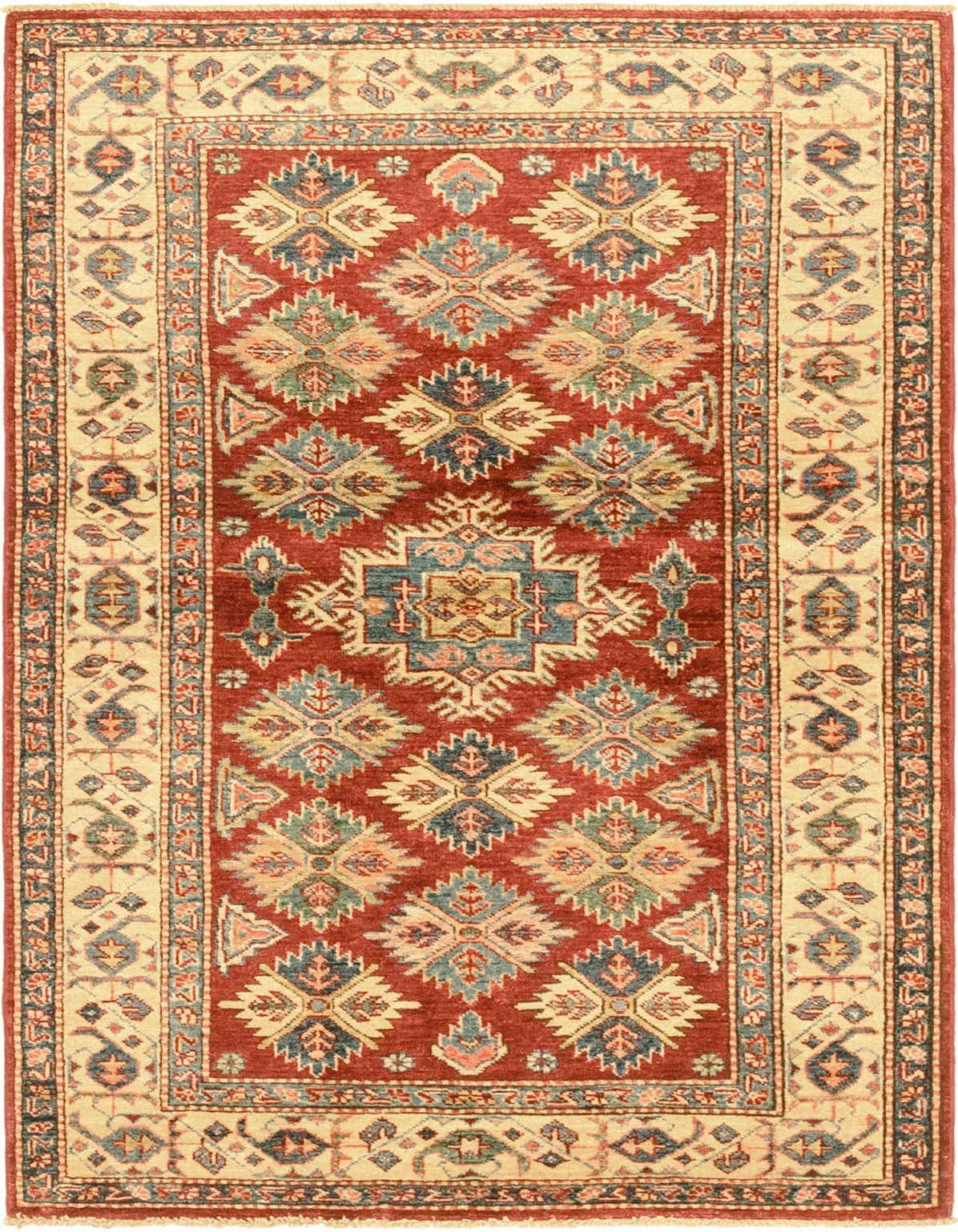 A 3x5 rectangular red tribal wool rug with a cream border and intricate geometric patterns in blue, green, and gold.