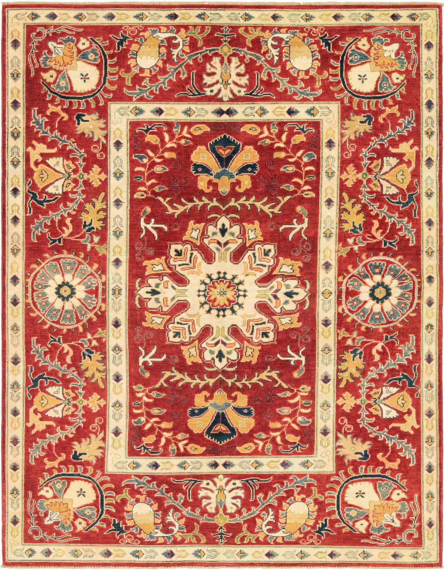 A 6x9 rectangular red tribal rug with intricate floral and medallion patterns in cream, gold, and blue.