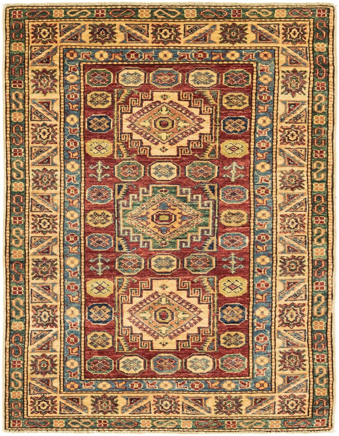 A 3x4 rectangular Rugs.com Kazak rug with a deep red field and intricate traditional tribal patterns in gold, blue, and green.