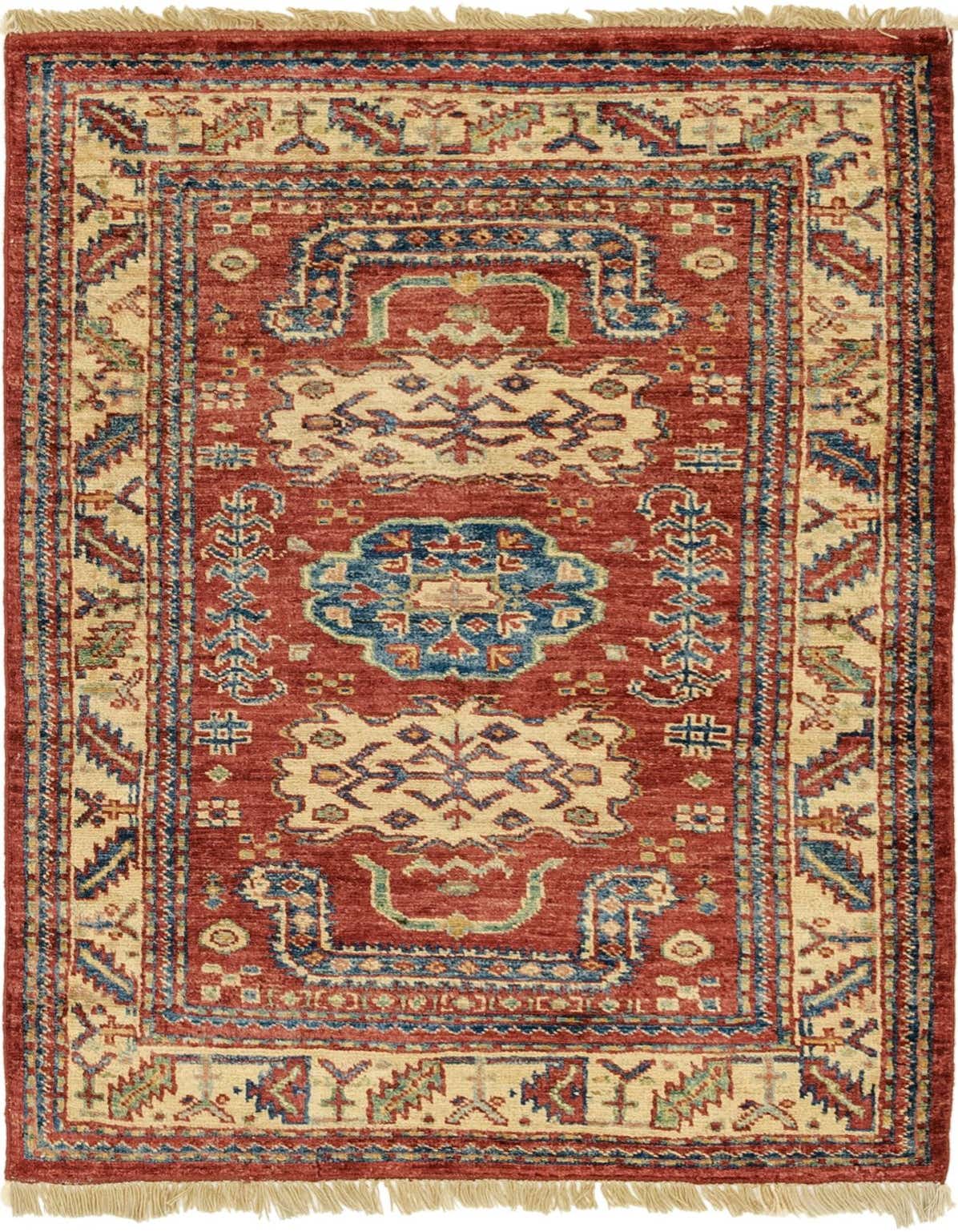 A 3x4 rectangular Rugs.com Kazak rug with a red field, featuring traditional tribal patterns in cream, blue, and green.