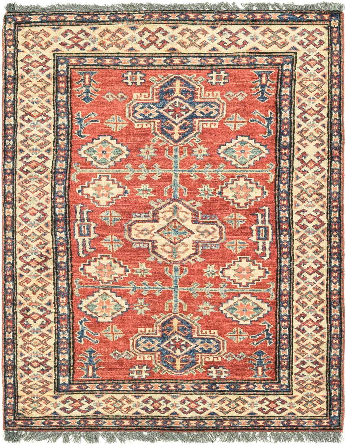 A 3x4 rectangular red traditional rug with tribal patterns in blues, creams, and oranges, featuring a central medallion and intricate borders.