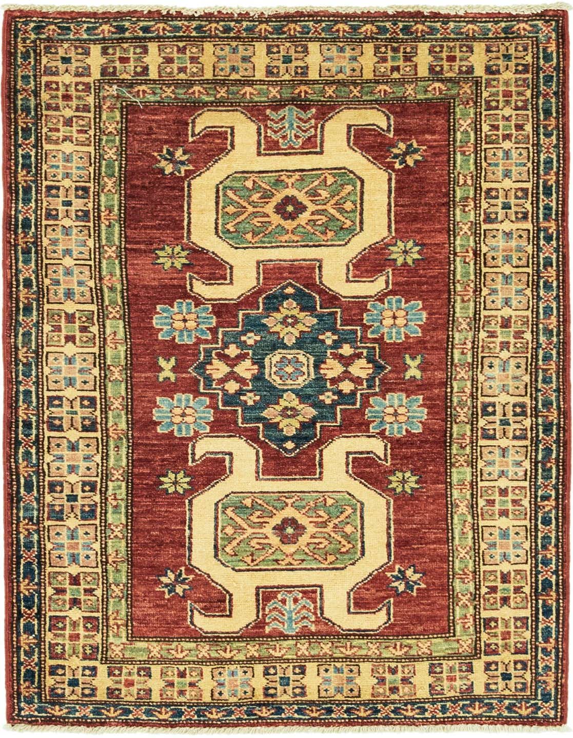 A 3x4 rectangular Rugs.com Kazak rug with a red field, featuring a central medallion and tribal patterns in cream, blue, and green.