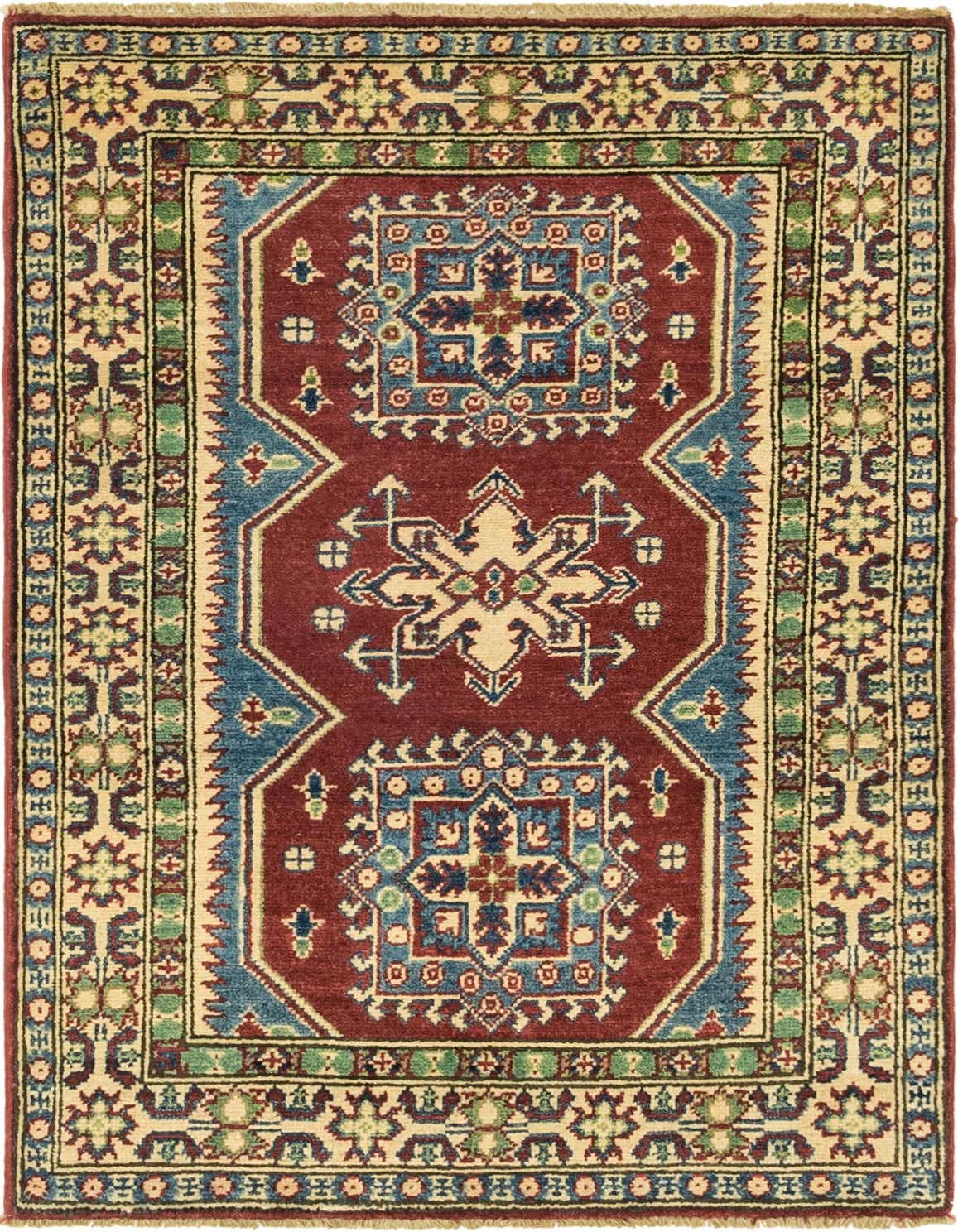 A 3x4 rectangular Rugs.com Kazak rug with a deep red field and intricate blue, green, and beige traditional tribal patterns.