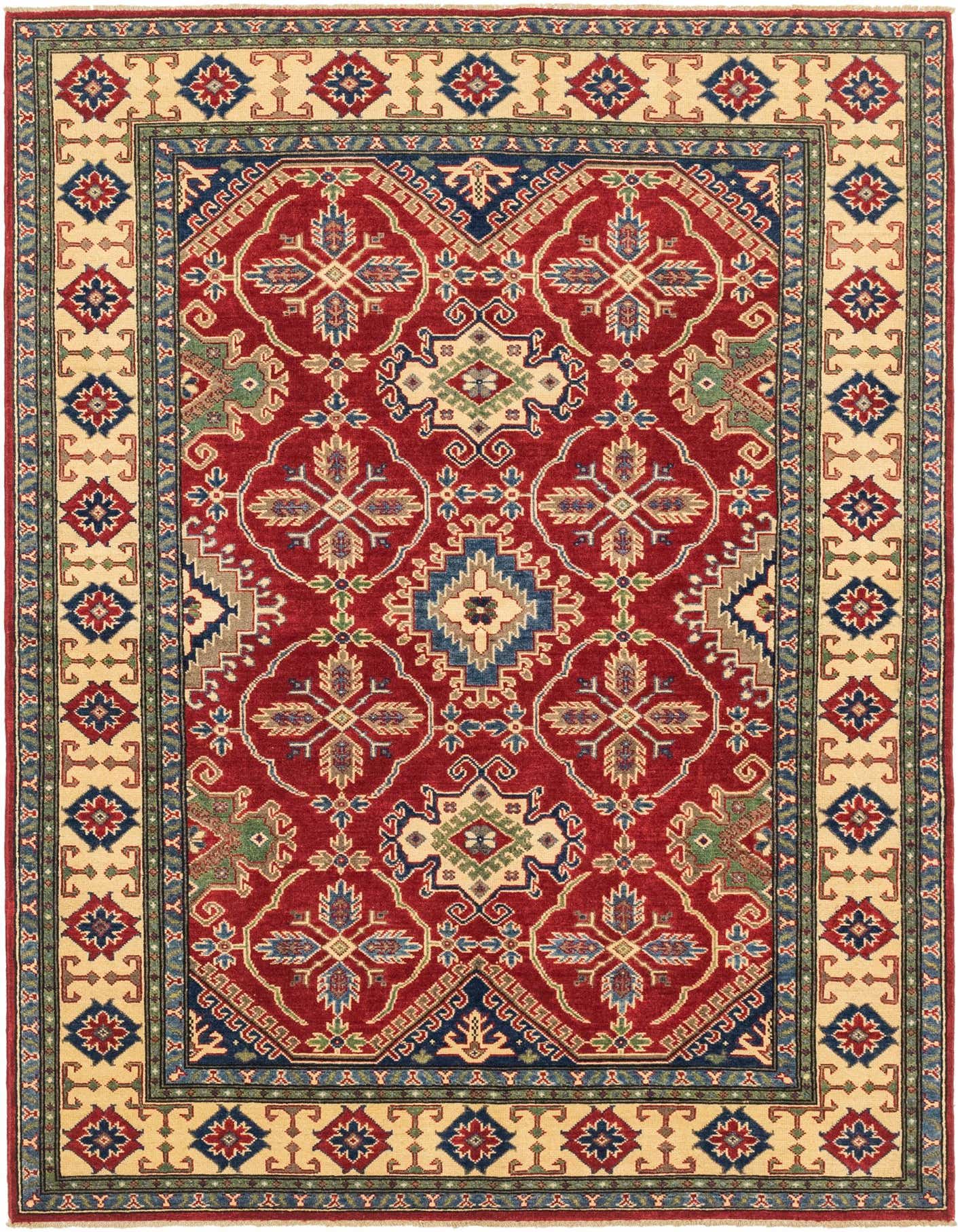 A 6x9 rectangular red traditional Kazak rug with intricate Southwestern and tribal patterns in blue, green, and cream.