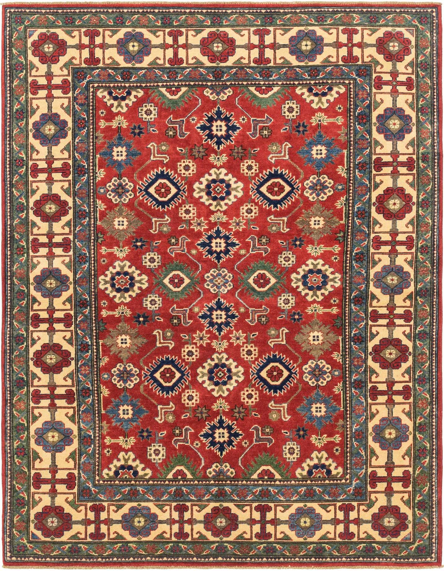 A 6x9 rectangular Rugs.com Kazak rug with a red field and traditional Southwestern tribal patterns in blue, green, and cream.