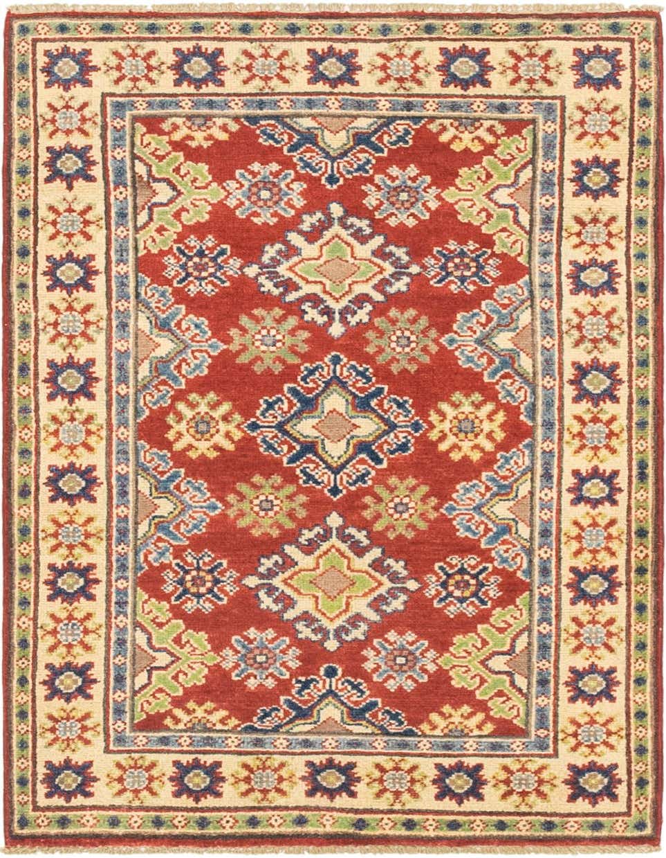 A 3x4 rectangular Rugs.com Kazak rug with a red field and a cream border, featuring traditional tribal patterns in blue, green, and gold.