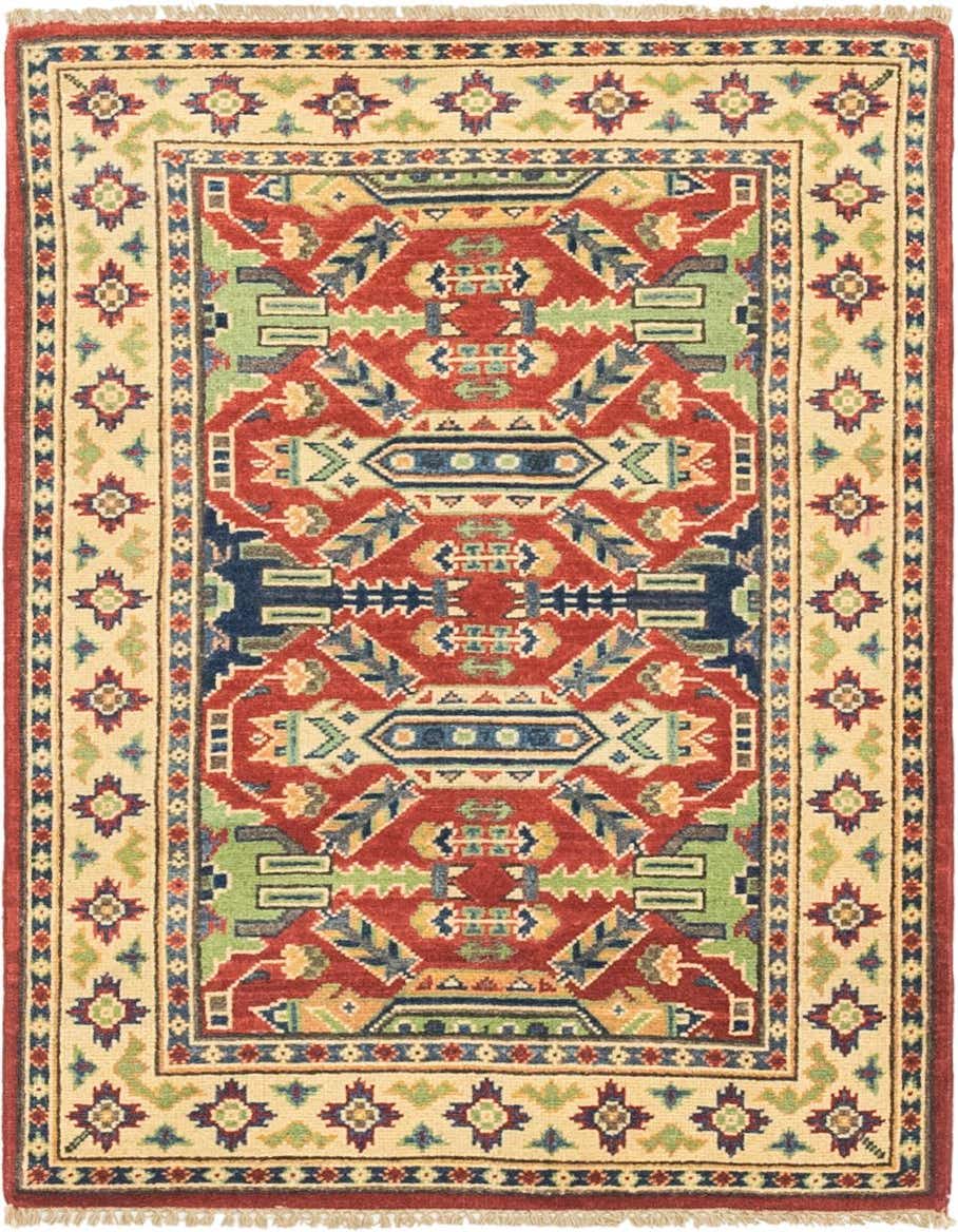 A 3x4 rectangular Rugs.com Kazak rug with a traditional Southwestern tribal pattern in reds, blues, greens, and cream.