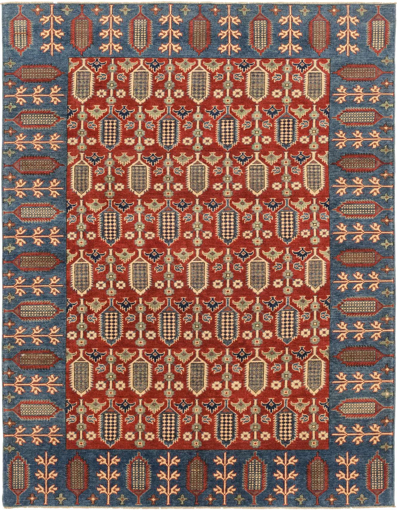 A 6x9 rectangular red and blue Southwestern rug with tribal patterns, ideal for a living room.