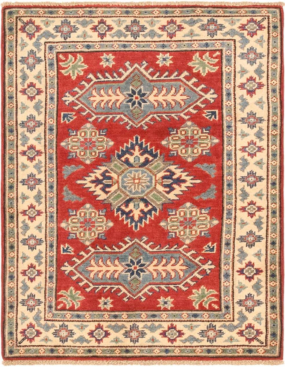 A 3x4 rectangular Rugs.com Kazak rug with a vibrant red field and intricate traditional Southwestern patterns in blue, green, and cream.