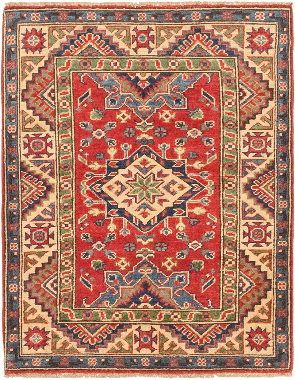 A 3x4 rectangular red rug with a central medallion and intricate tribal patterns in blue, green, and beige.