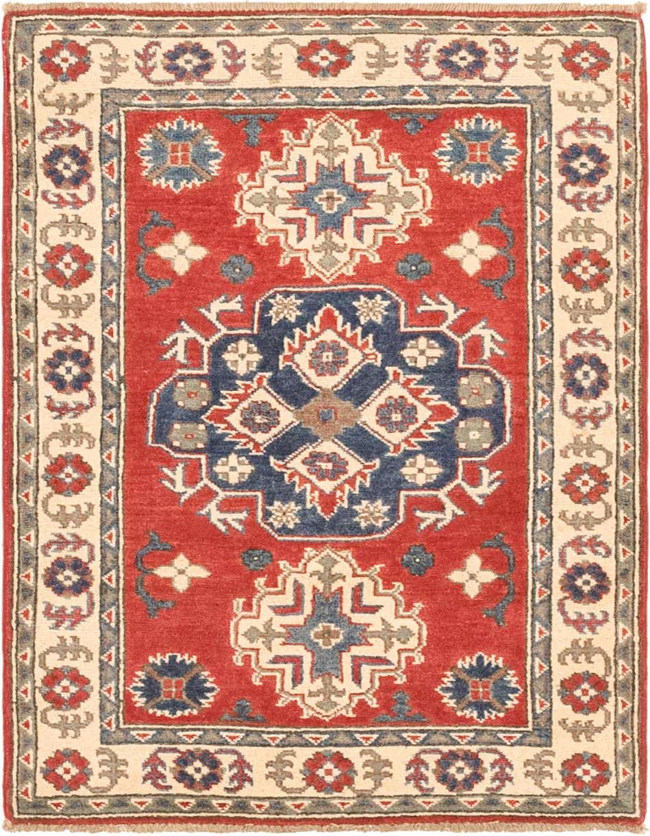 A 3x4 rectangular Rugs.com Kazak rug with a red field and a central medallion in navy, cream, and grey, surrounded by a cream border with floral motifs.