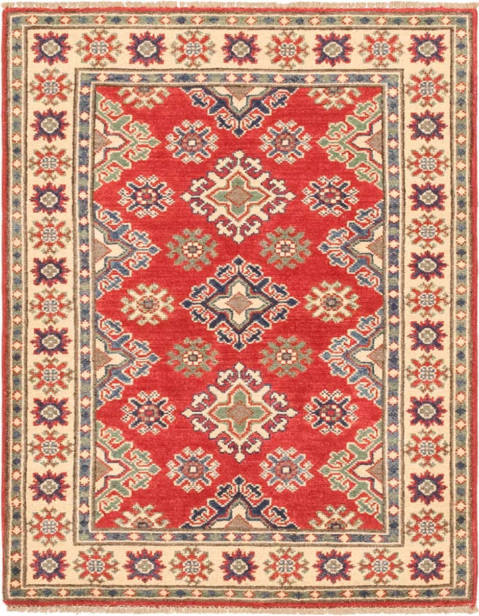 A 3x4 rectangular red Kazak rug with traditional Southwestern and tribal patterns, featuring a central medallion and ornate borders, made of hand-spun wool.