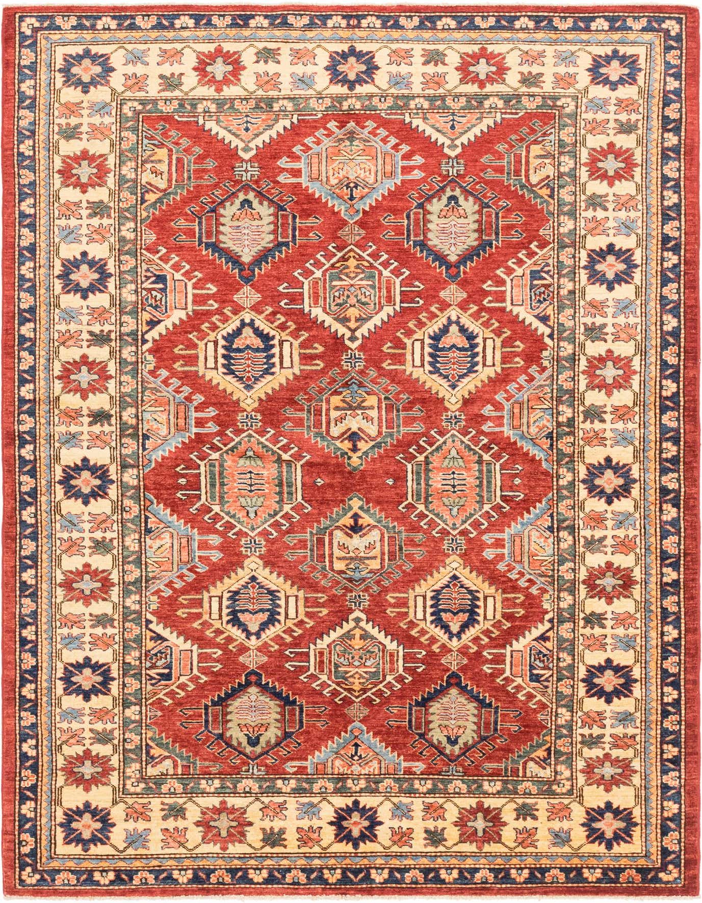 A 6x9 rectangular red rug with a traditional Southwestern tribal pattern and a beige border, suitable for a living room.