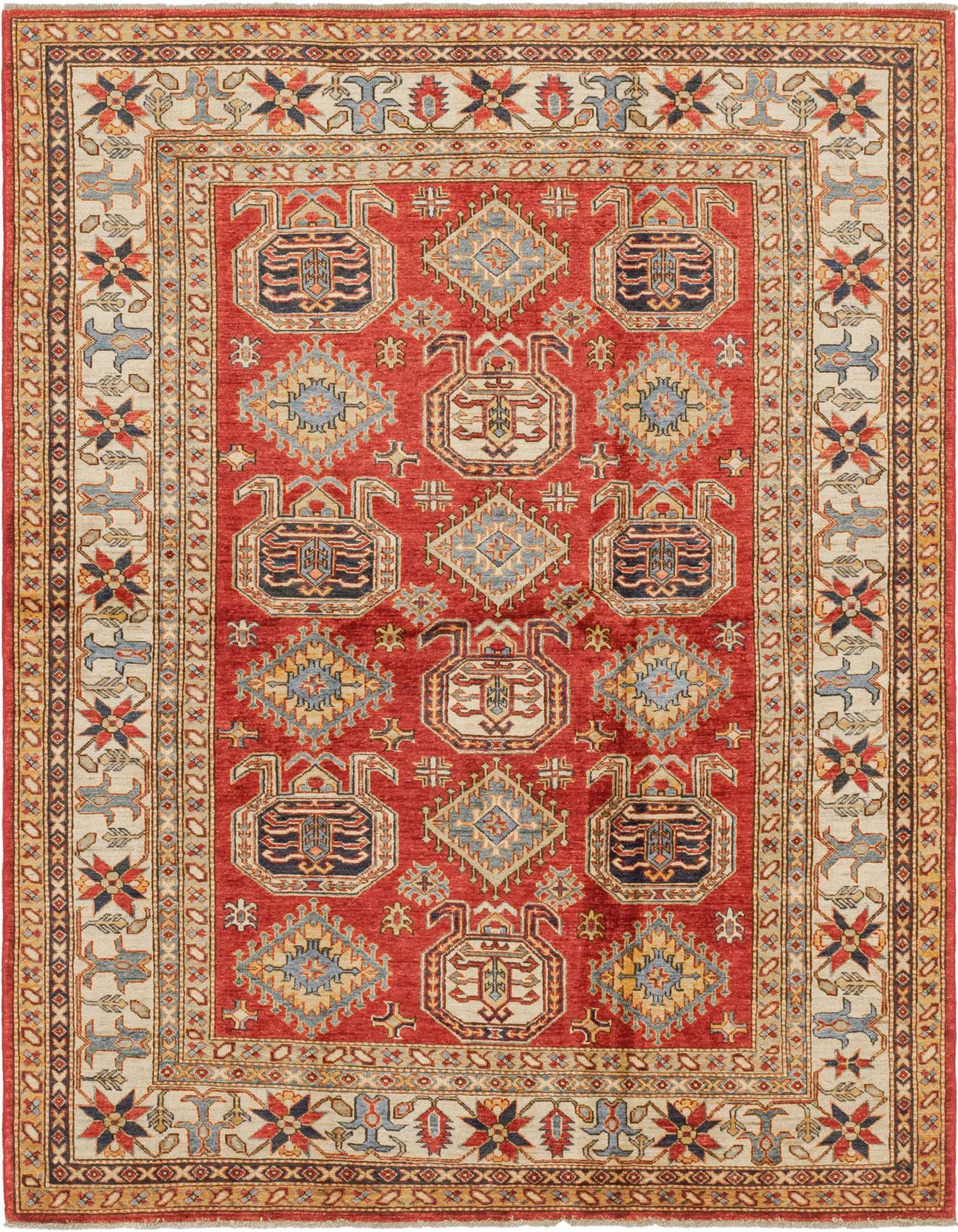 A 6x9 rectangular red rug with traditional Southwestern and tribal patterns, featuring geometric shapes and motifs in blue, gold, and cream, with a detailed border.