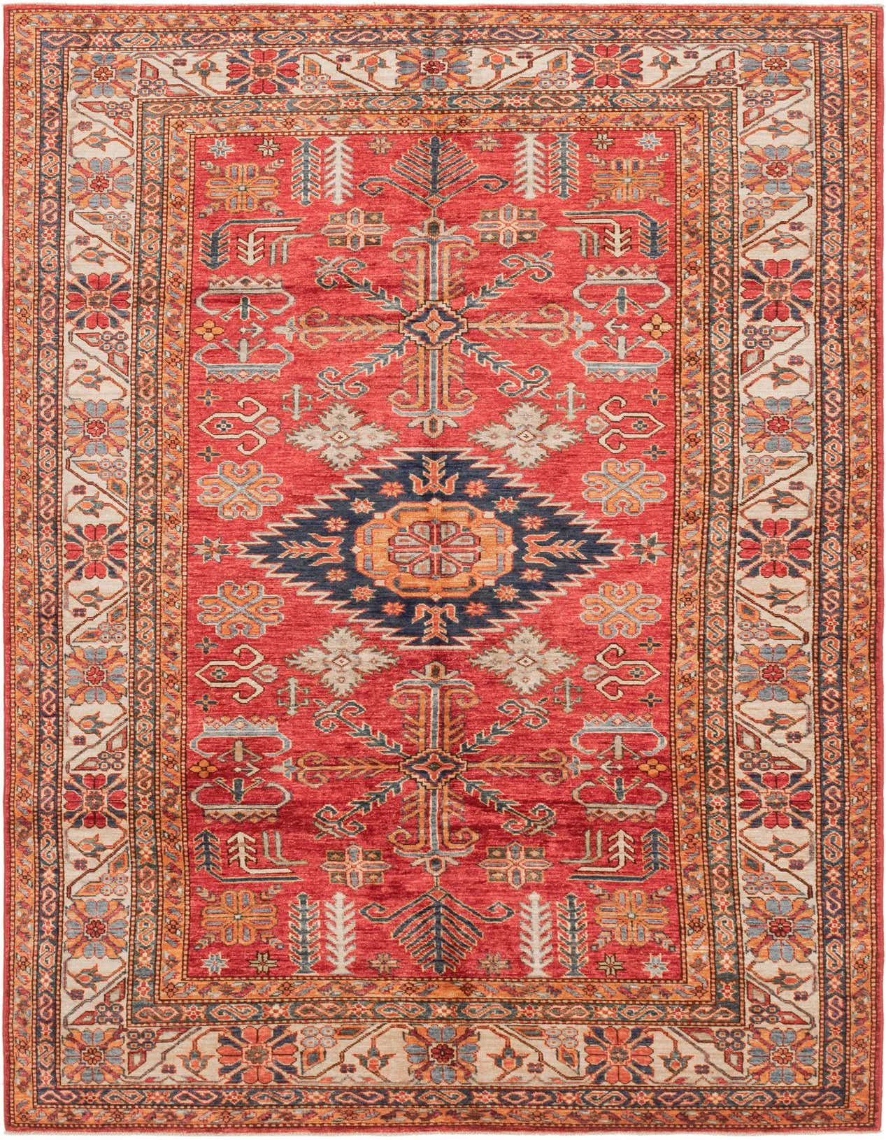 A 6x9 rectangular red traditional wool rug with a central medallion and intricate tribal patterns, ideal for a living room.