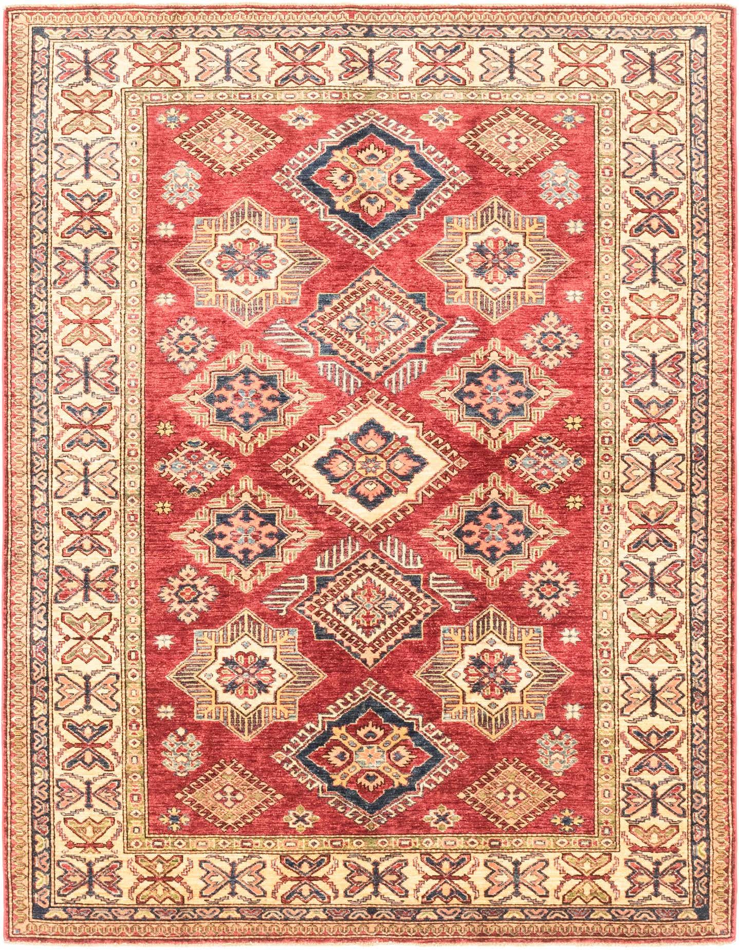 A 6x9 rectangular red Oriental rug with intricate geometric patterns in blue, cream, and gold, featuring a detailed border.