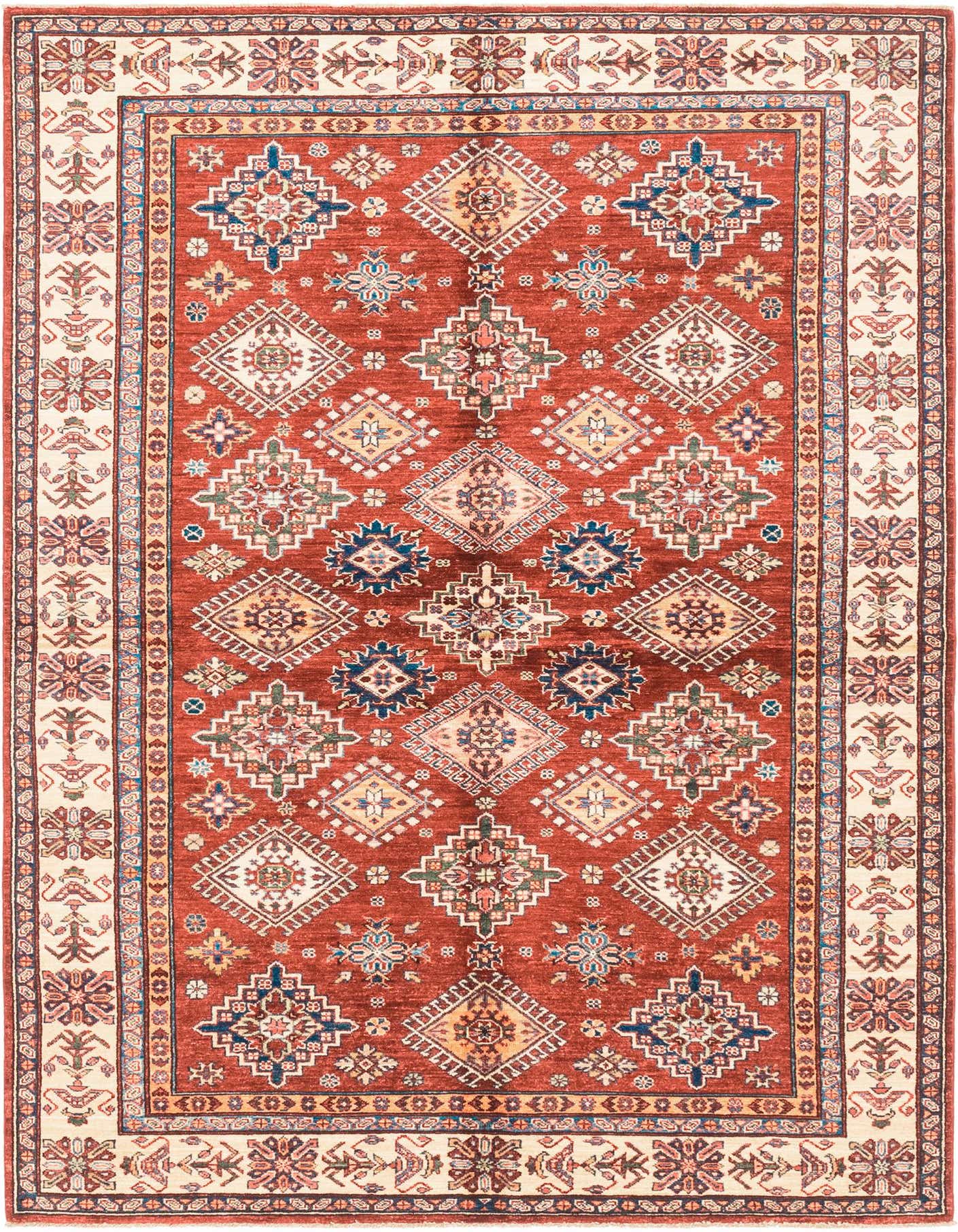A 6x9 rectangular red area rug with a traditional Southwestern tribal pattern and a cream border, ideal for a living room.