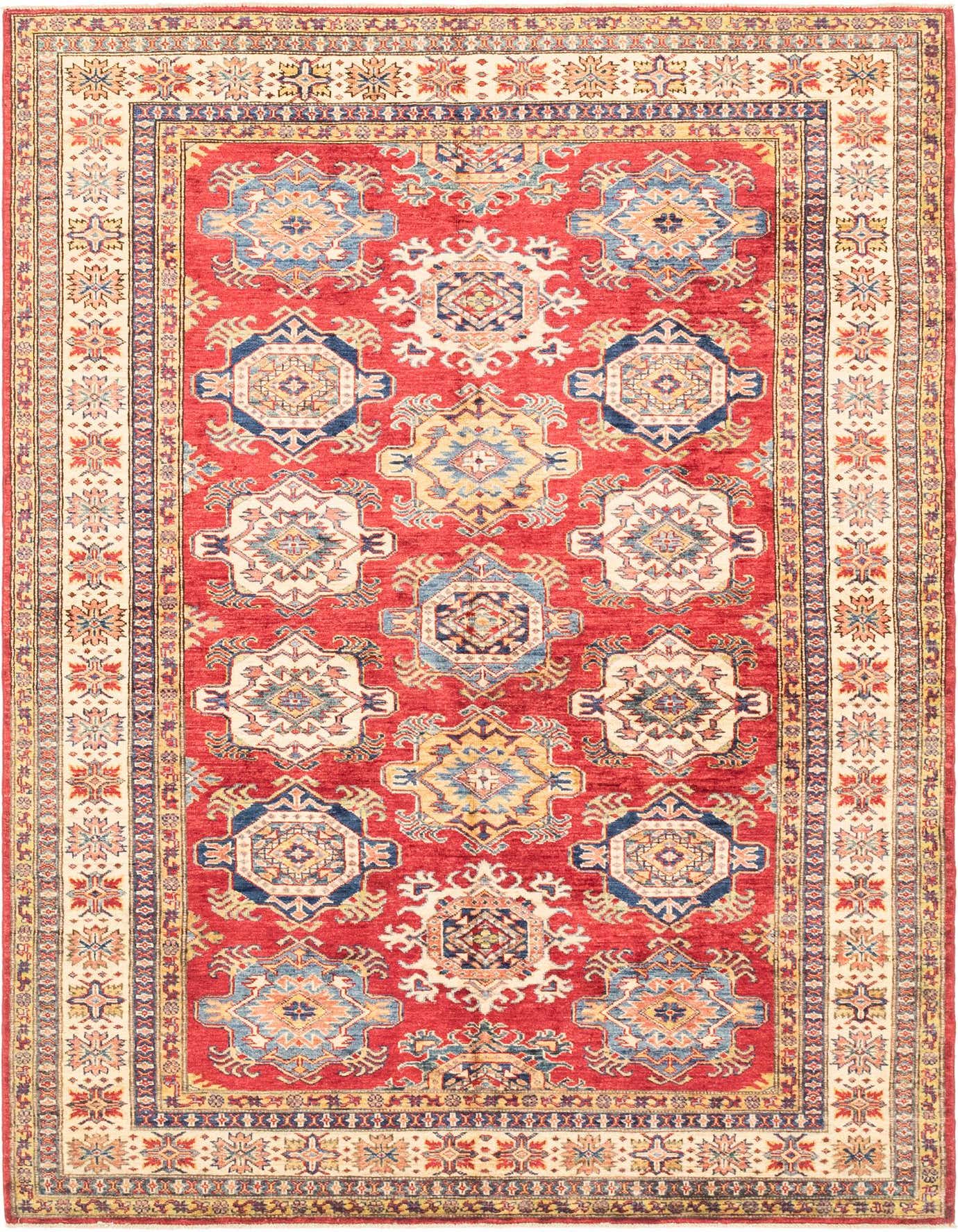 A 6x9 rectangular red area rug with traditional Southwestern and tribal patterns, featuring ornate blue, yellow, and cream medallions and a detailed border.