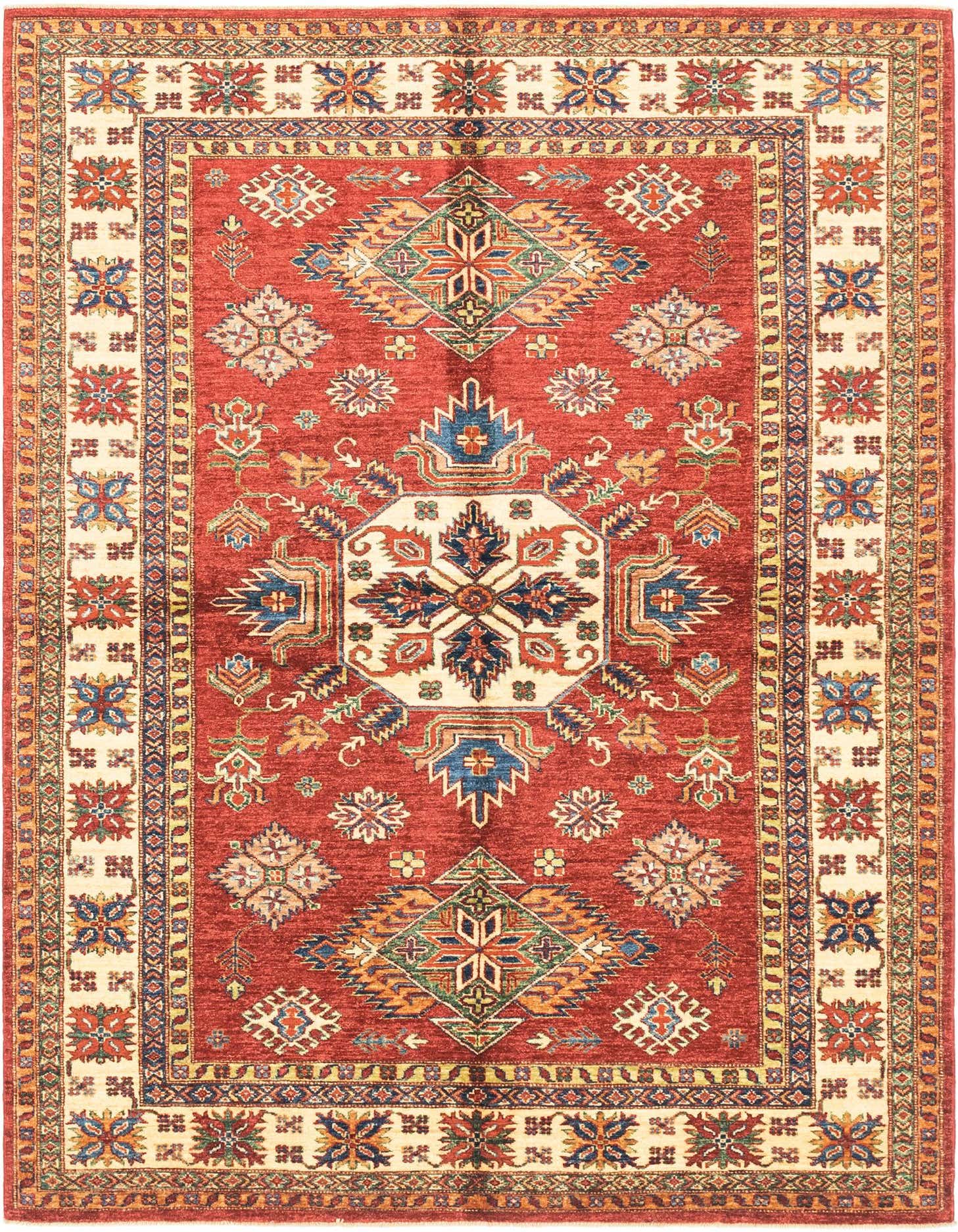 A 6x9 rectangular red traditional rug with intricate Southwestern and Oriental patterns in blue, gold, and cream.