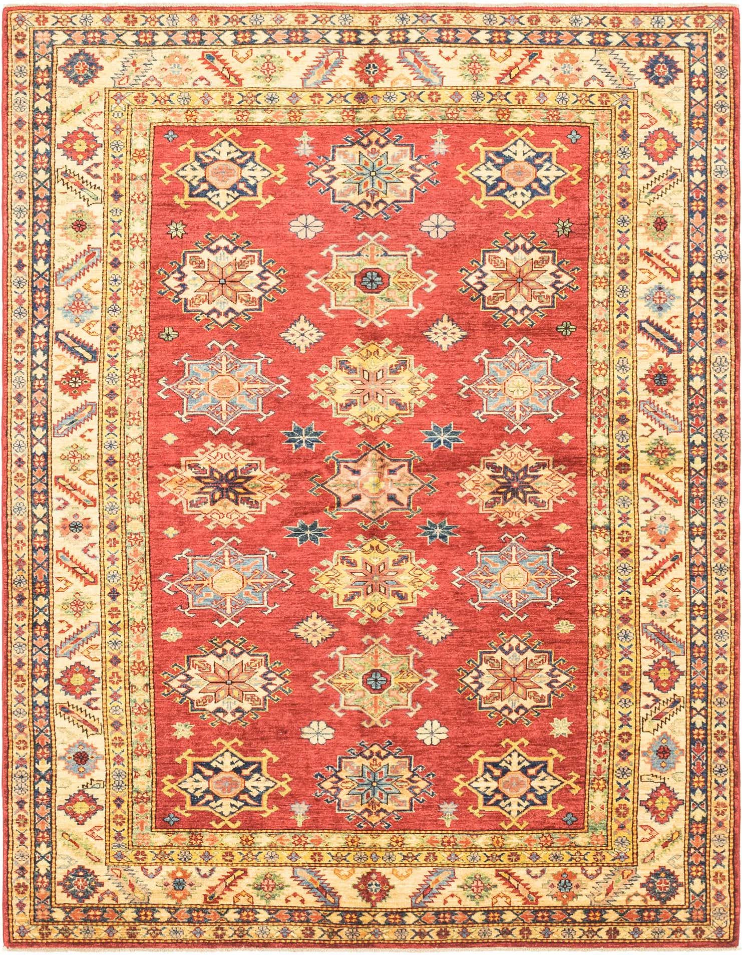 A 6x9 rectangular red Kazak rug with traditional Southwestern and tribal patterns, featuring geometric medallions and a multi-bordered design.