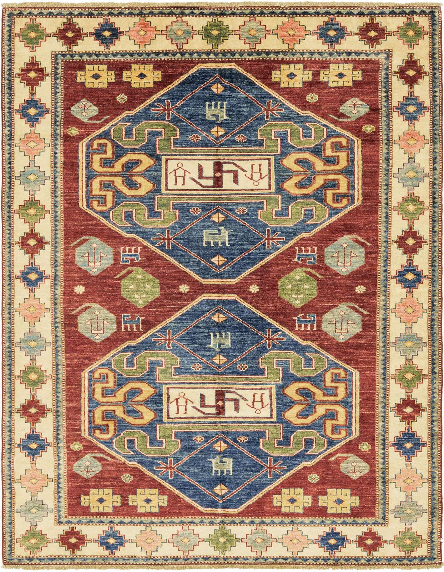 A 6x9 rectangular Kazak rug with a dominant red field, featuring two large blue octagonal medallions with intricate tribal patterns in gold, green, and light blue, and a cream border with colorful geometric motifs.