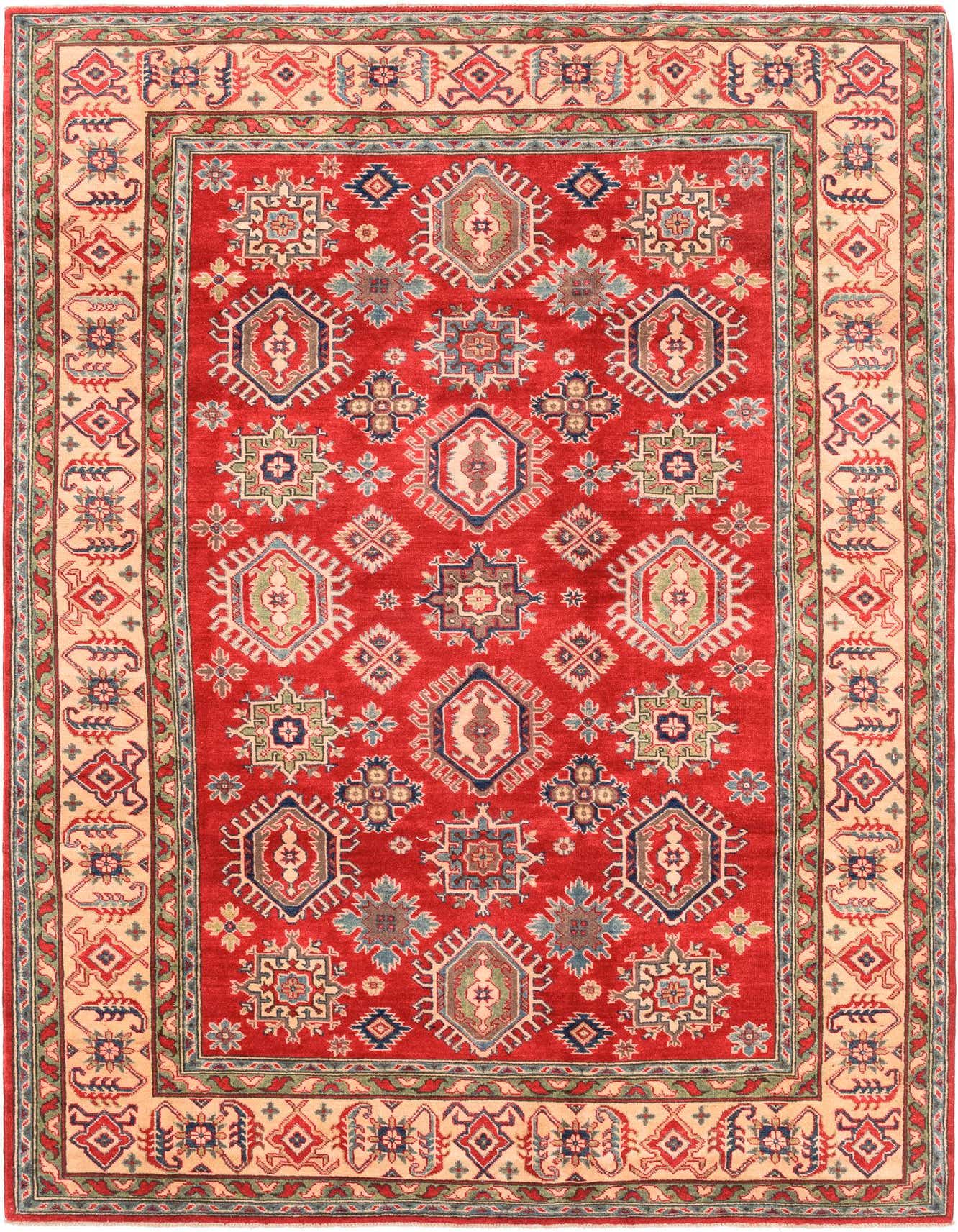 A 6x9 rectangular red Kazak rug with intricate traditional Southwestern and tribal patterns in blues, greens, and creams, ideal for a living room.