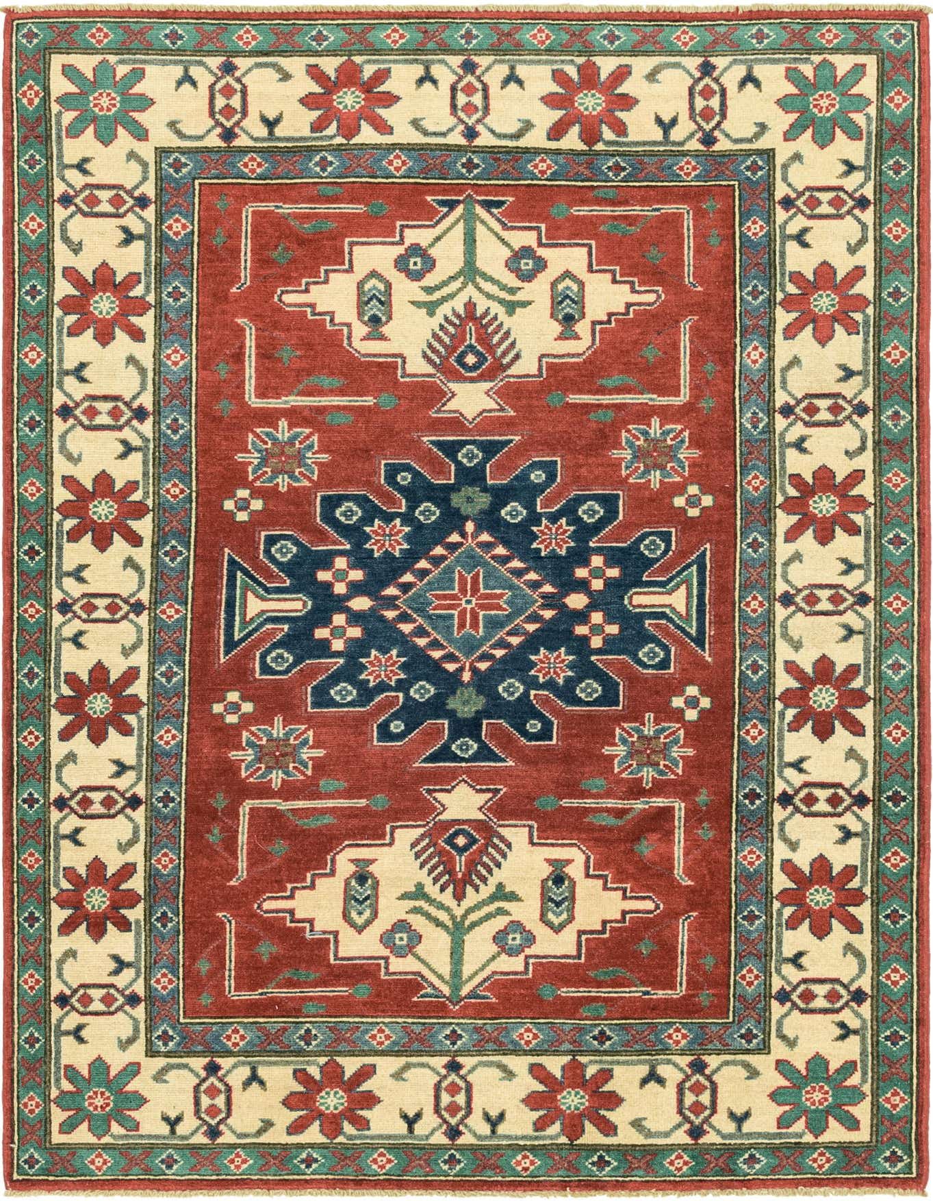A 4x6 rectangular Southwestern rug with a red field, cream border, and tribal medallion design in blue, green, and red.