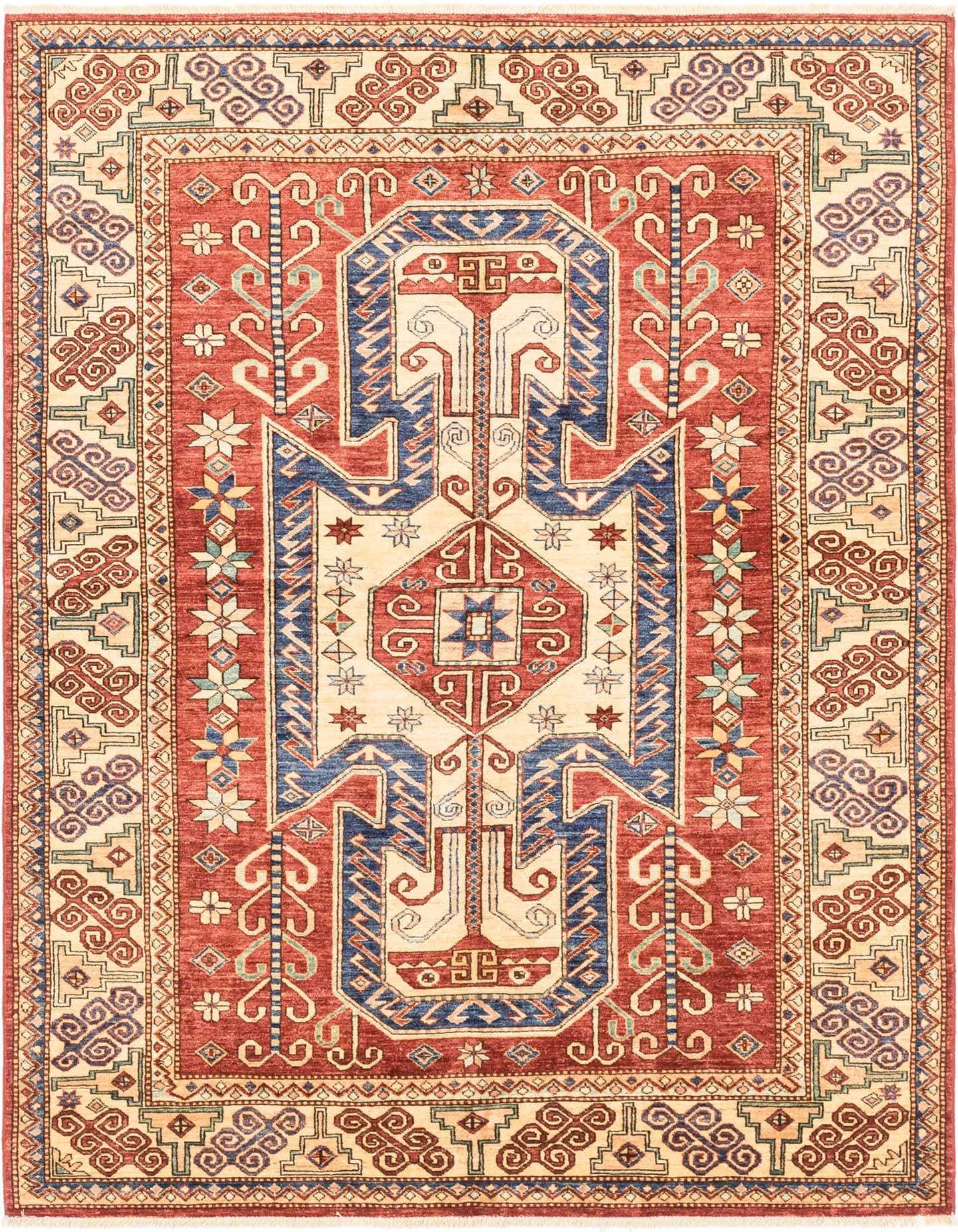 A 6x9 rectangular Rugs.com Kazak rug with a red field, cream border, and blue, cream, and red traditional Southwestern medallion pattern.