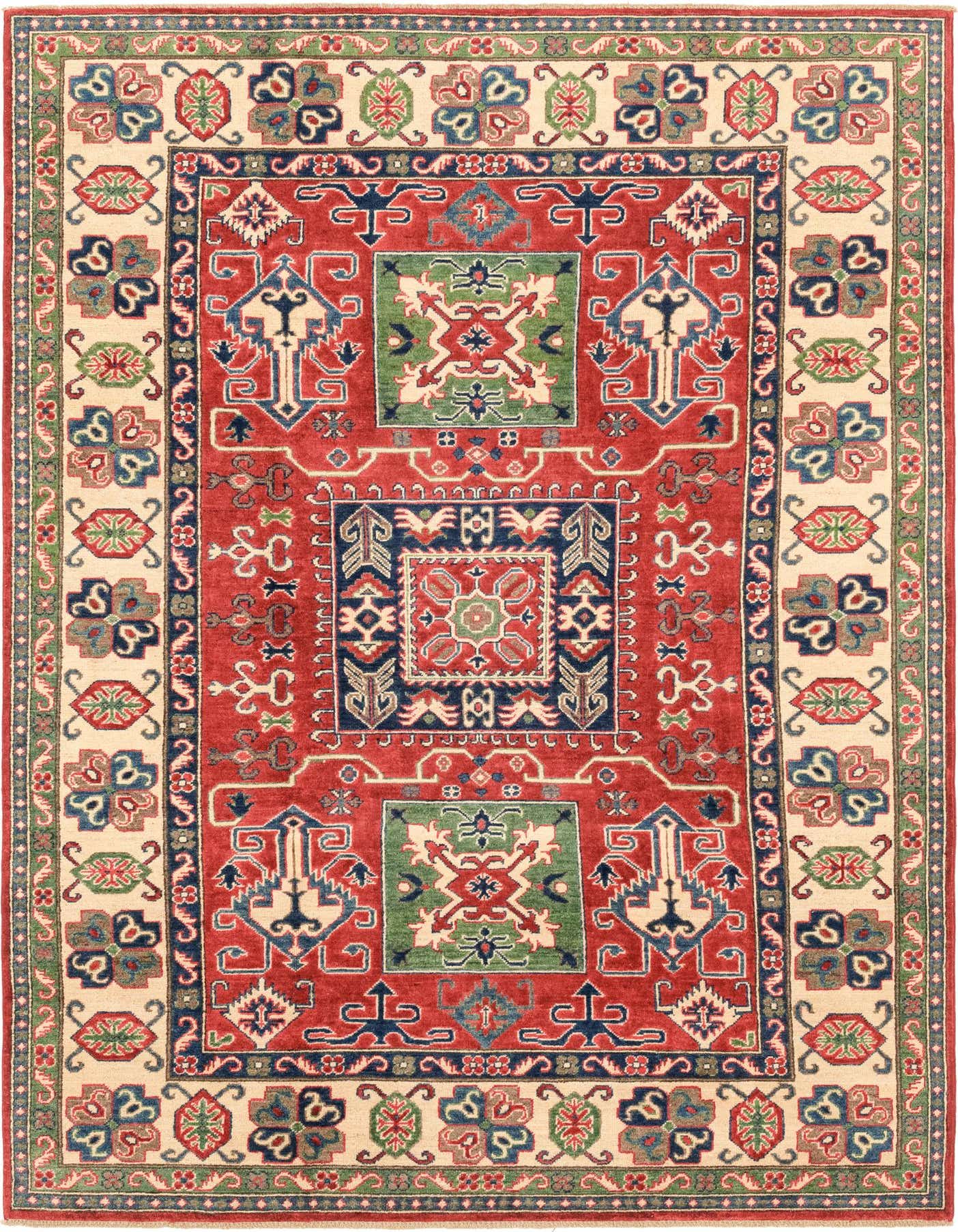 A 6x9 rectangular red area rug with a traditional Southwestern tribal pattern, featuring a central medallion and intricate borders in cream, green, and blue.