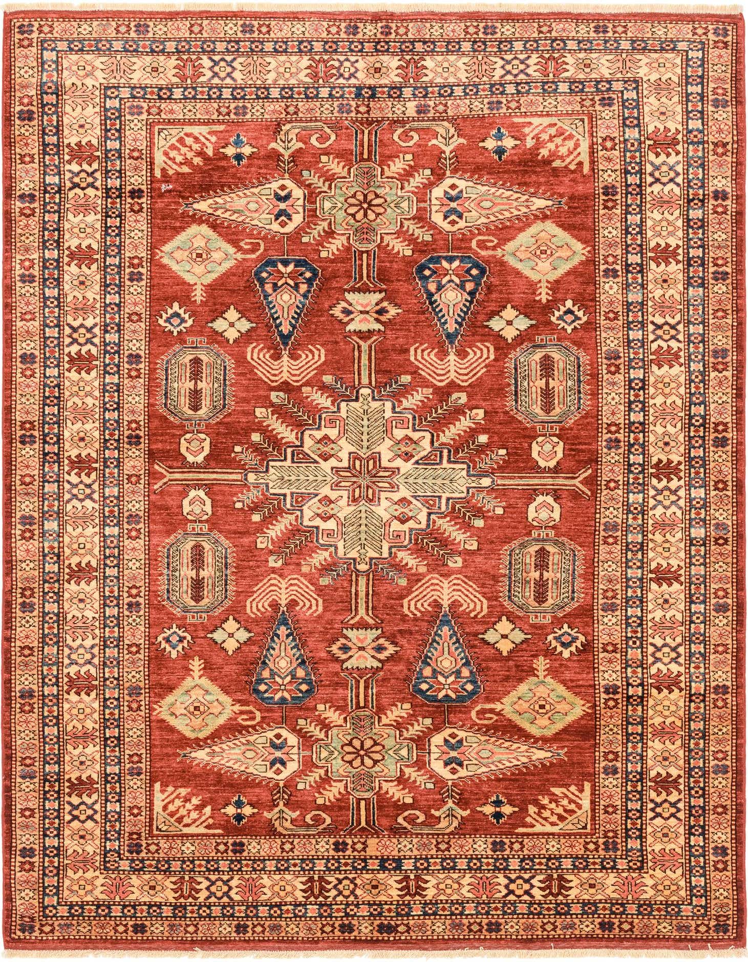 A 6x9 rectangular red area rug with a traditional Southwestern tribal medallion pattern and intricate border.