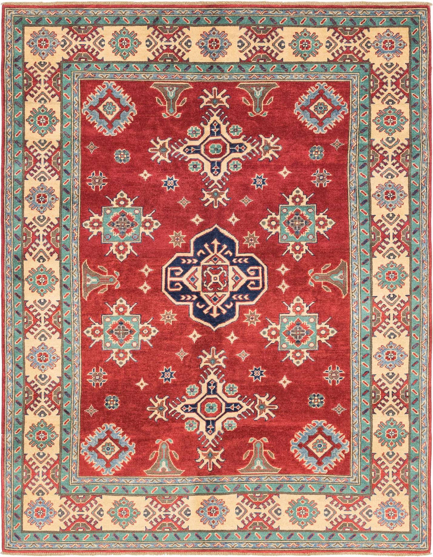 A 6x9 rectangular red area rug with a traditional Southwestern tribal pattern and a beige border.