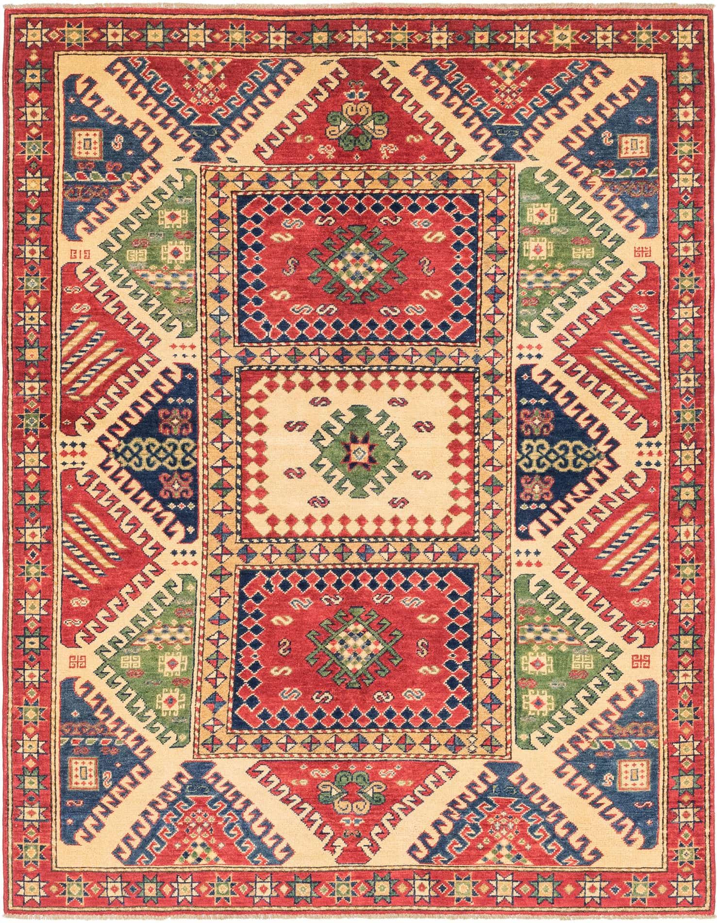 A 6x9 rectangular Rugs.com Kazak rug with a traditional Southwestern tribal pattern in red, blue, green, and cream.