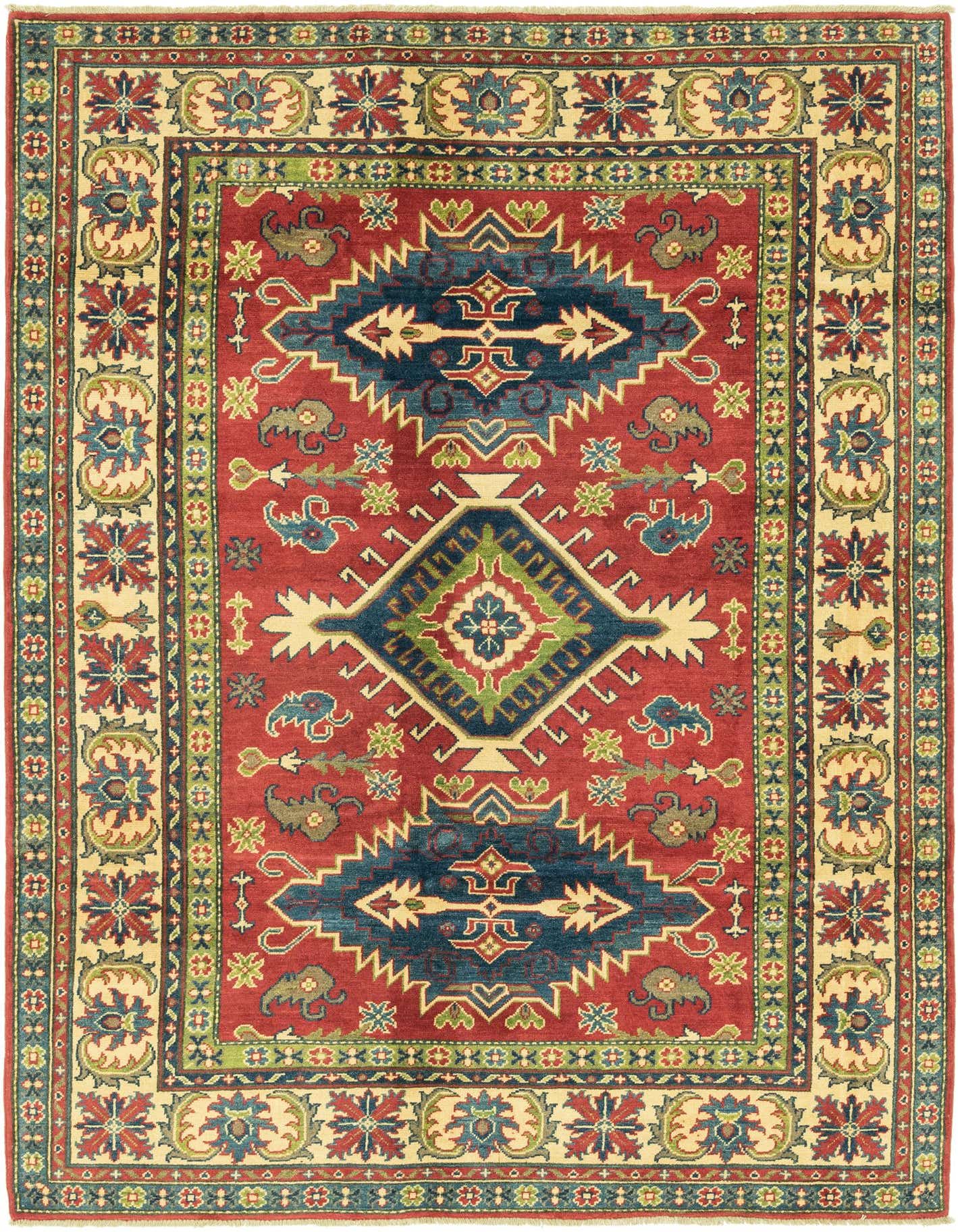 A 6x9 rectangular Rugs.com Kazak rug with a red field, featuring a central medallion and tribal patterns in blue, green, and cream.