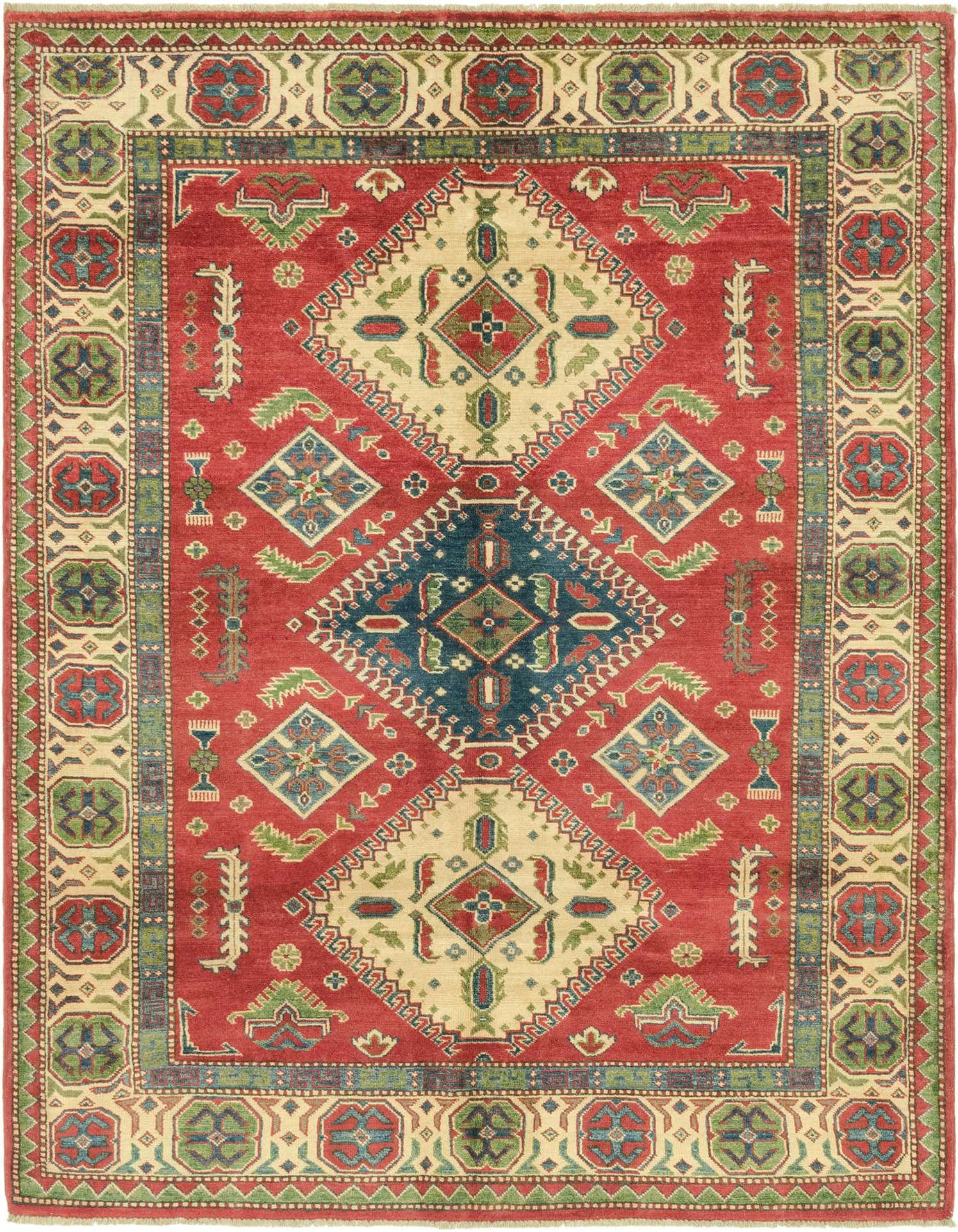 A 5x7 rectangular Kazak rug with a vibrant red field, cream medallions, and a deep blue central motif, featuring intricate tribal patterns in green and blue.
