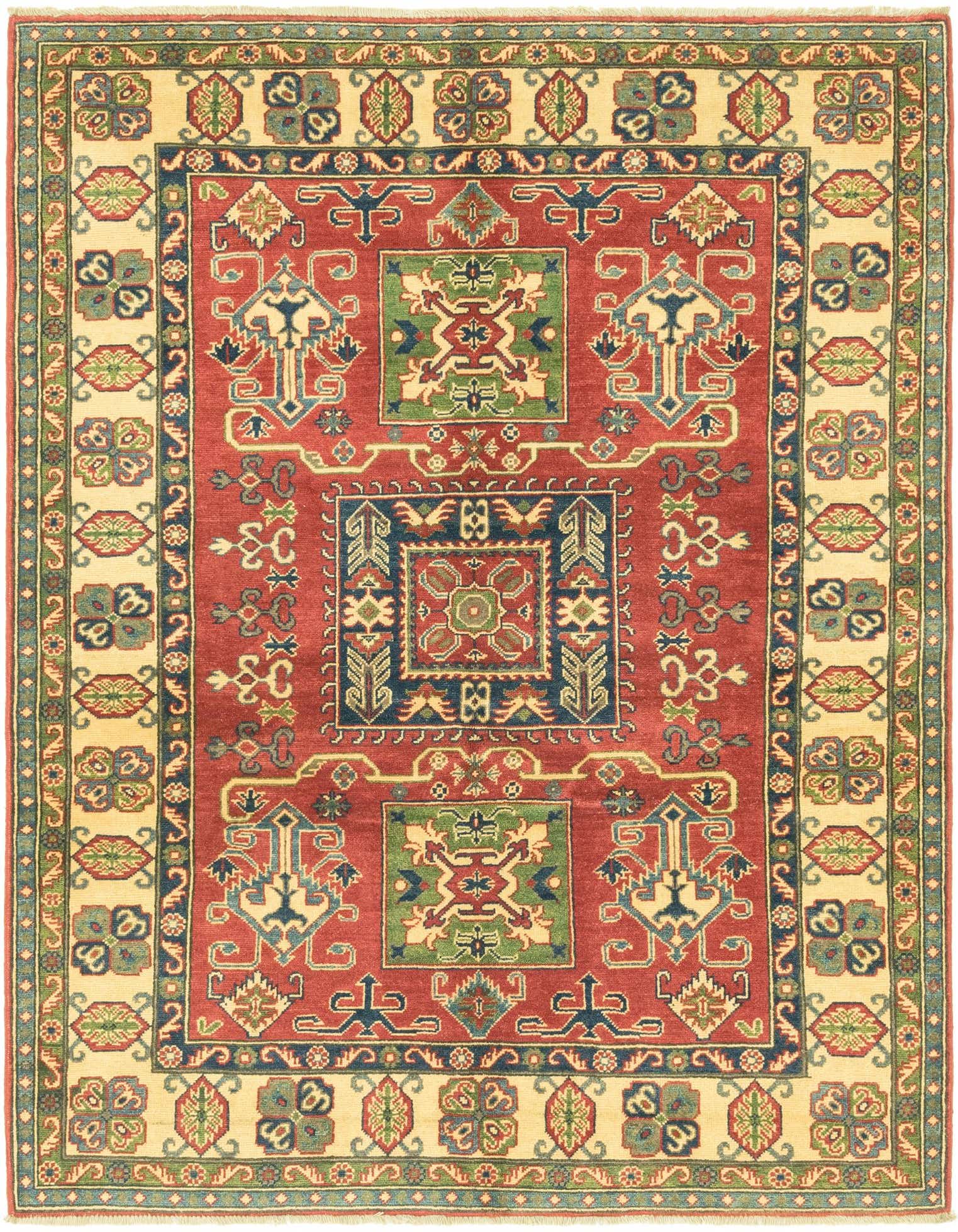 A 5x7 rectangular Rugs.com Kazak rug with a red field and a cream border, featuring intricate tribal and oriental patterns in green, blue, and gold.