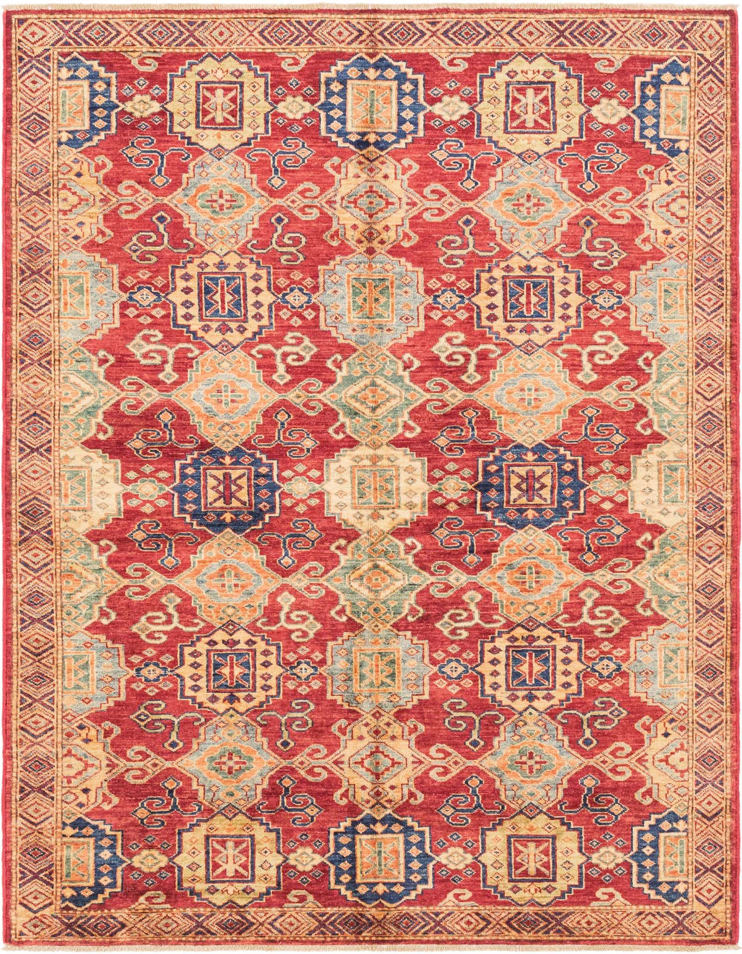 A 5x7 rectangular red traditional rug with intricate tribal and Southwestern patterns in blue, gold, and green.