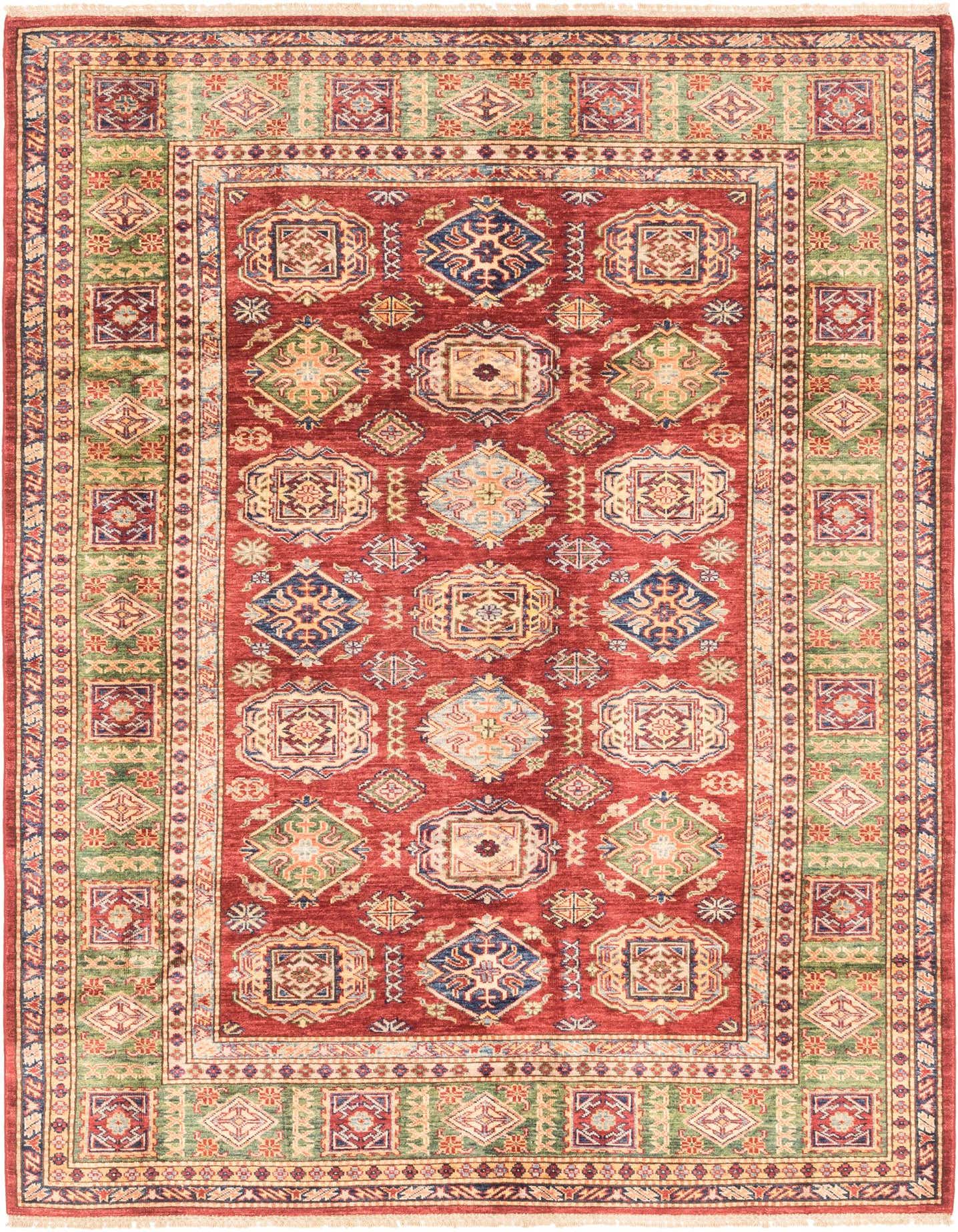 A 6x9 rectangular Rugs.com Kazak rug featuring a traditional Southwestern tribal pattern in reds, greens, blues, and creams.