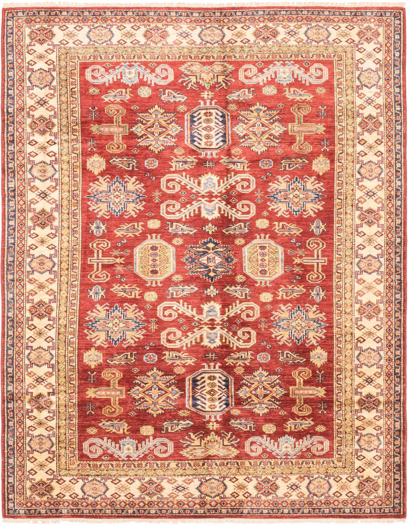 A 6x9 rectangular red area rug with a traditional Southwestern tribal pattern and a cream border.