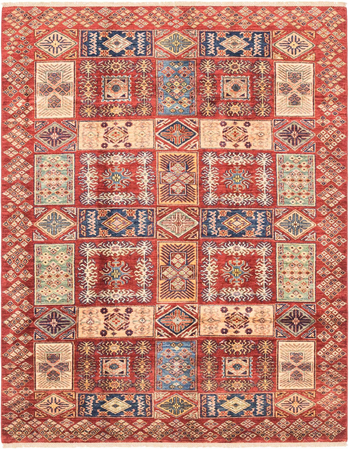 A 6x9 rectangular red tribal rug with a patchwork design of traditional geometric patterns in blue, beige, and green.