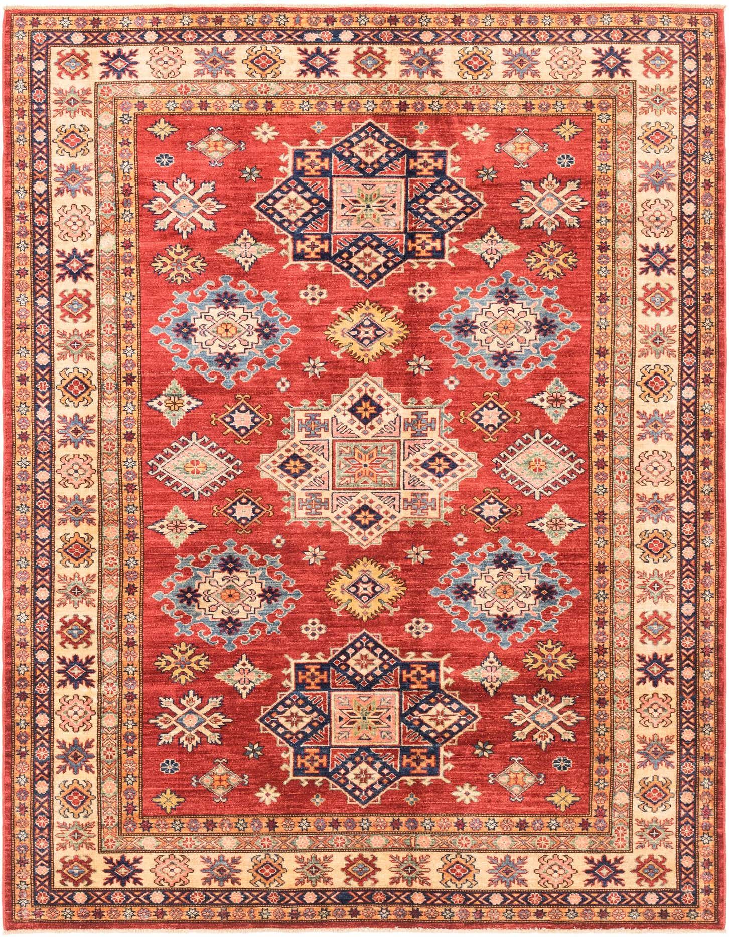 A 6x9 rectangular red area rug with a traditional Southwestern tribal medallion pattern and a cream border.