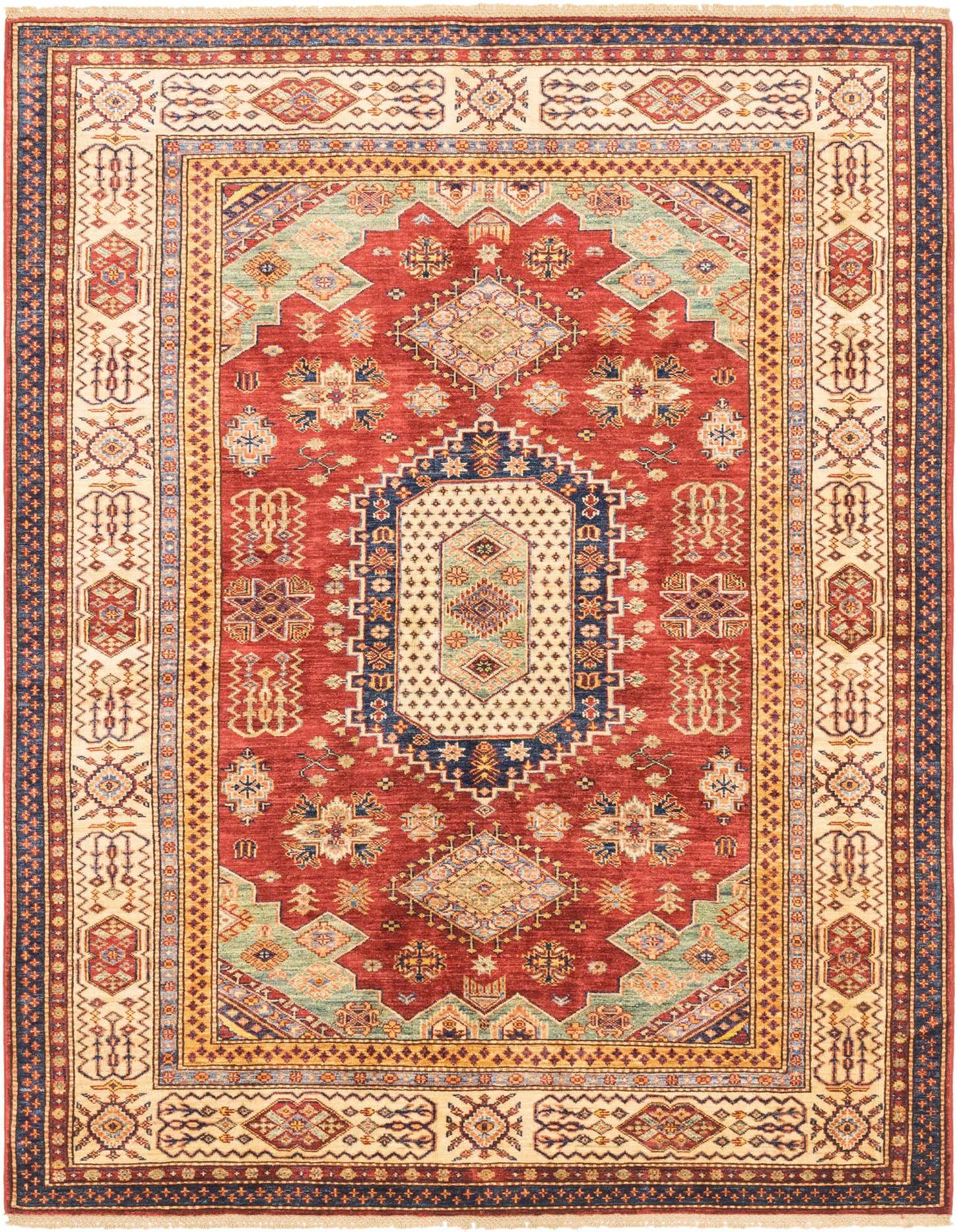A 6x9 rectangular red area rug with a traditional medallion pattern in cream, blue, and gold, suitable for a living room.